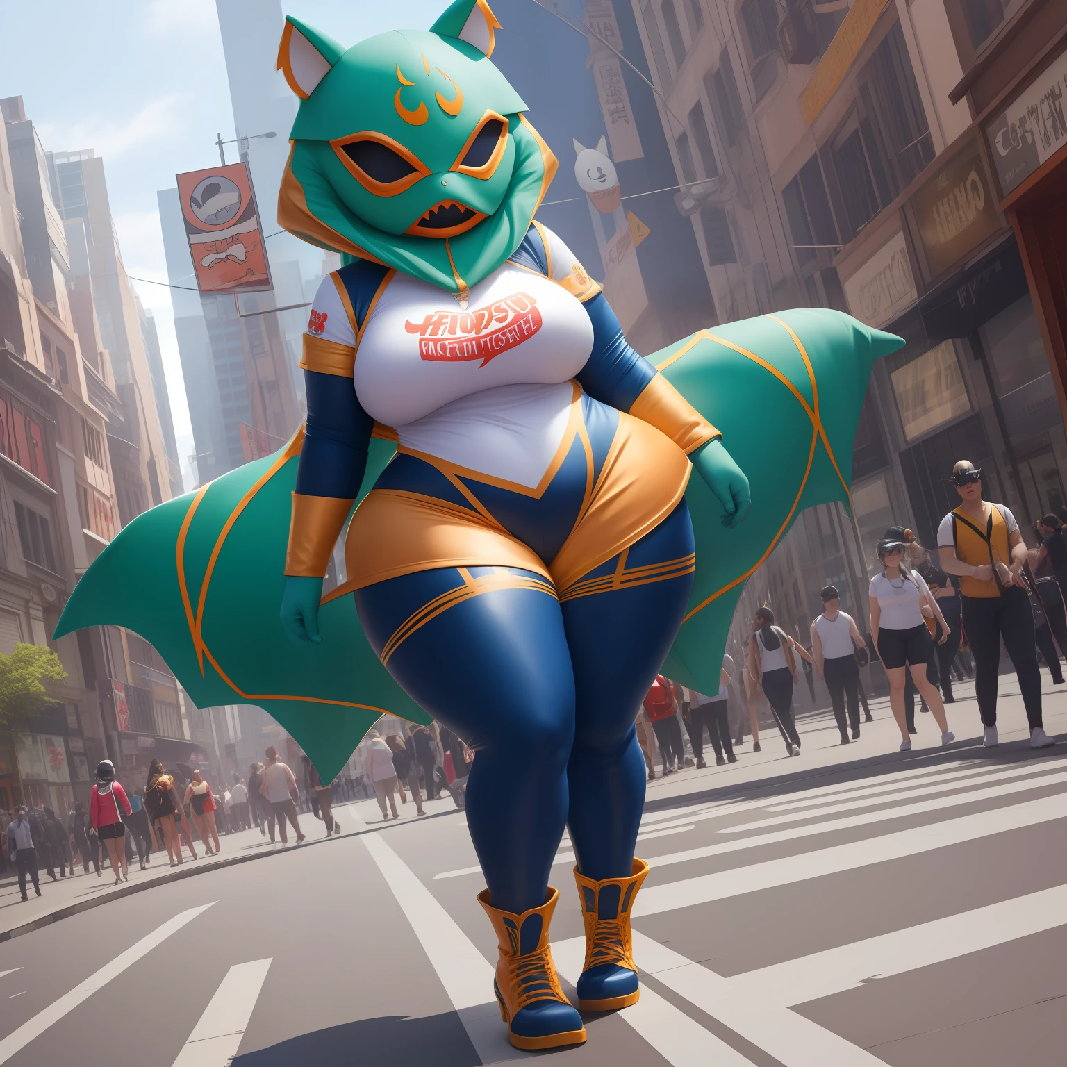female monster mascot costume, stupid looking, feminine physique, feminine curves, funny mask, thick costume, clothed, full body covered by costume, sunny, city street, no skin is visible