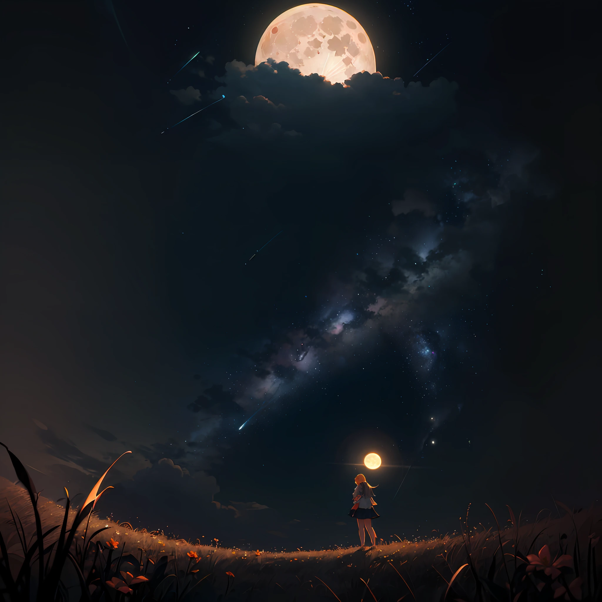 A wide landscape photo, (viewed from below, the sky is above, and the open field is below), a girl standing on a flower field looking up, (full moon: 1.2), (meteor: 0.9), (nebula: 1.3), distant mountains , Trees BREAK Crafting Art, (Warm Light: 1.2), (Firefly: 1.2), Lights, Lots of Purple and Orange, Intricate Details, Volumetric Lighting BREAK (Masterpiece: 1.2), (Best Quality), 4k, Ultra Detailed, (Dynamic Composition: 1.4), Rich in Detail and Color, (Rainbow Color: 1.2), (Glow, Atmospheric Lighting), Dreamy, Magical, (Solo: 1.2) --auto