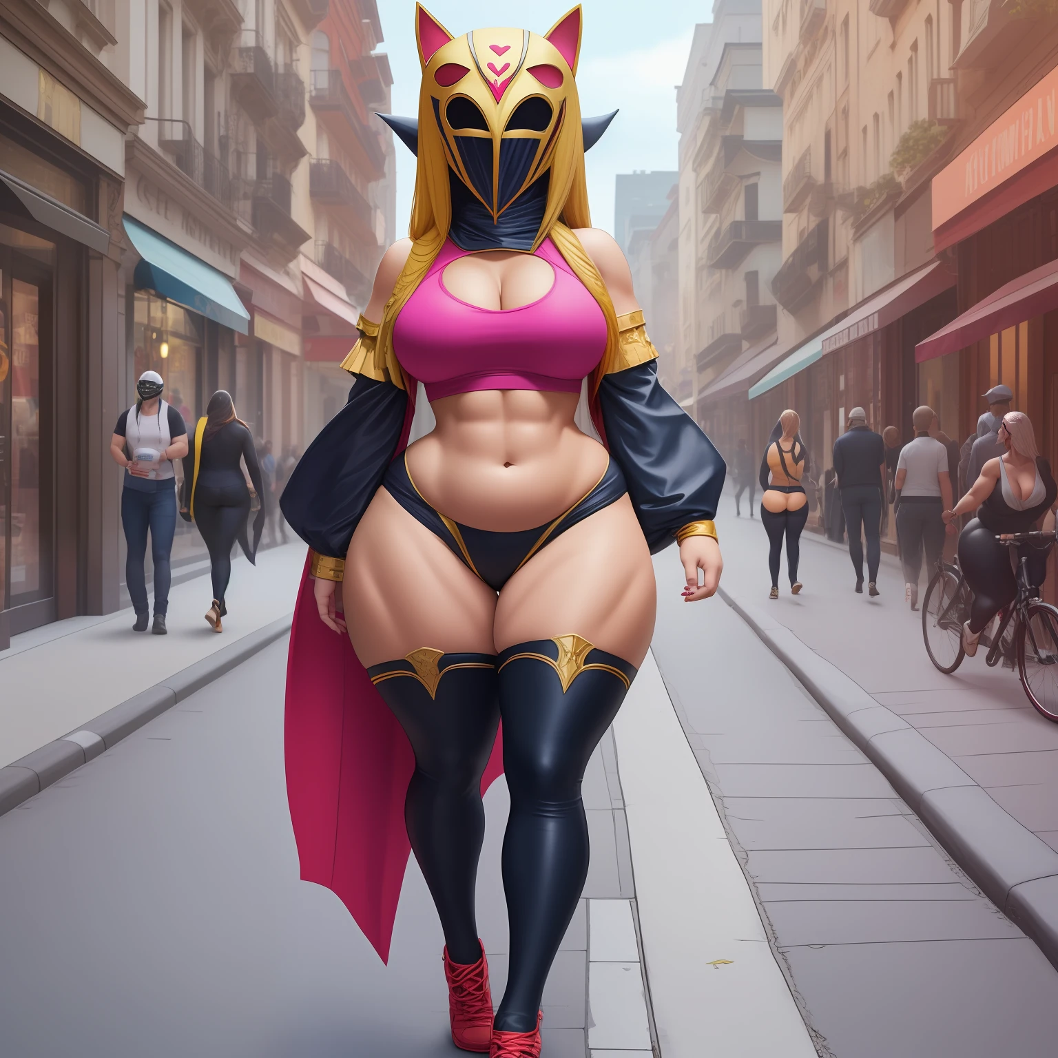 (stupid looking, funny mask),female monster mascot costume, full body covered by thick costume,(feminine physique+feminine curves:1.3),on a sunny city street