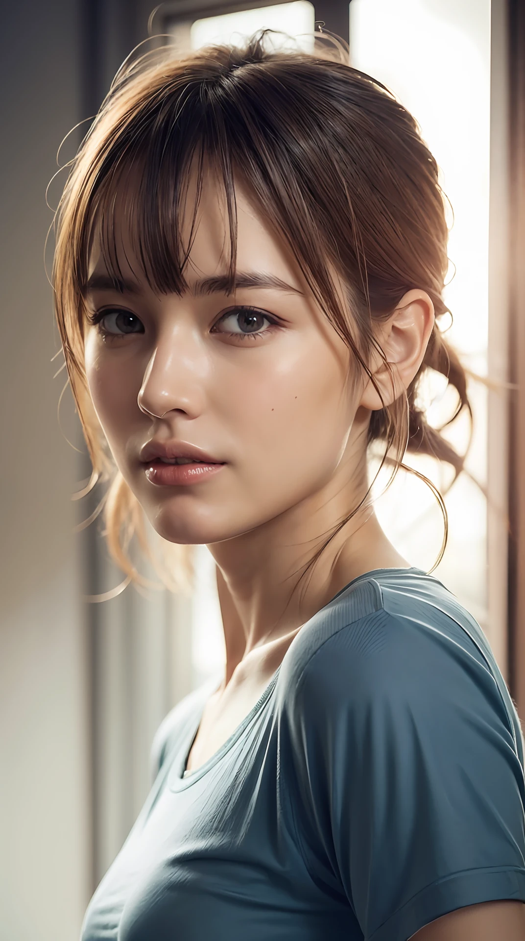 dressed, (photo realistic:1.4), (hyper realistic:1.4), (realistic:1.3), (smoother lighting:1.05), (increase cinematic lighting quality:0.9), 32K, 1girl,20yo girl, realistic lighting, backlighting, light on face, ray trace, (brightening light:1.2), (Increase quality:1.4), (best quality real texture skin:1.4), finely detailed eyes, finely detailed face, finely quality eyes, (tired and sleepy and satisfied:0.0), face closeup, t-shirts, (Increase body line mood:1.1), (Increase skin texture beauty:1.1)