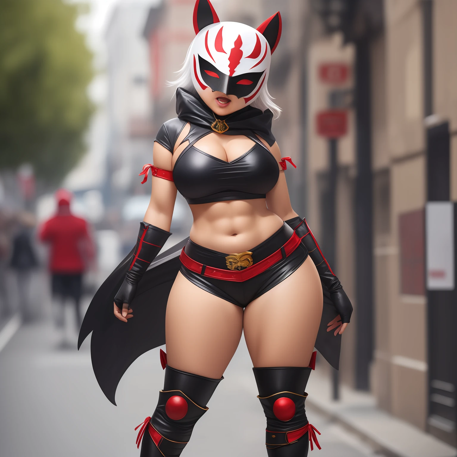 female monster mascot costume, stupid looking, feminine physique, feminine curves, funny mask, thick costume, clothed, full body covered by costume, sunny, city street,
