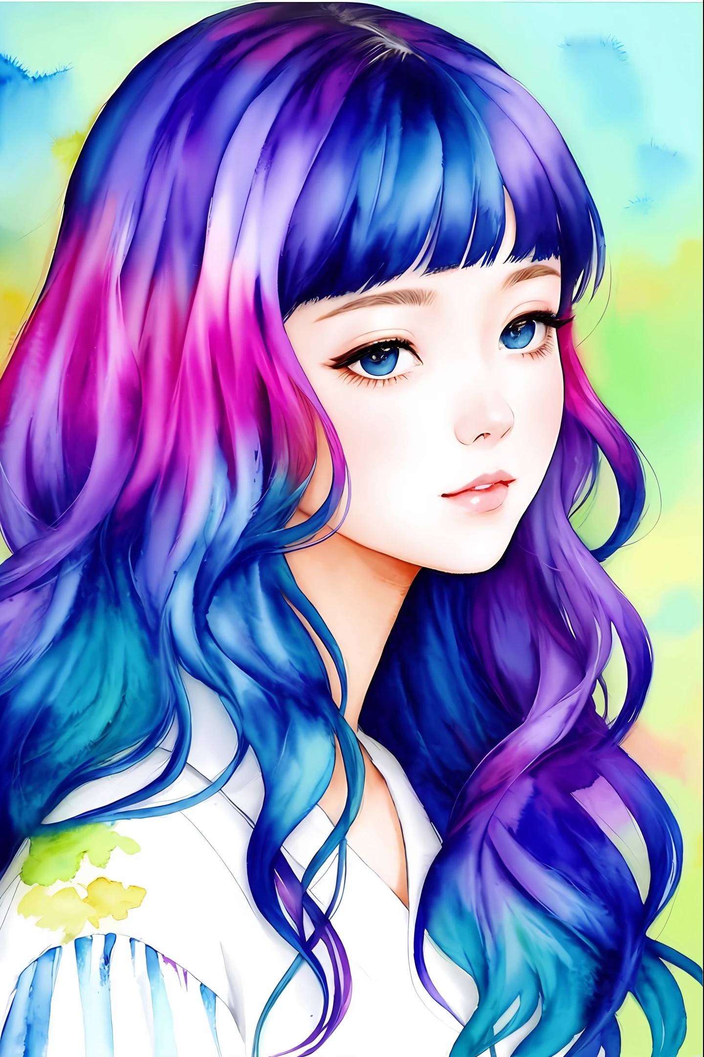 Colorful hair、By Agnes Cecil、a beautiful women、1人、color pastel、watercolors