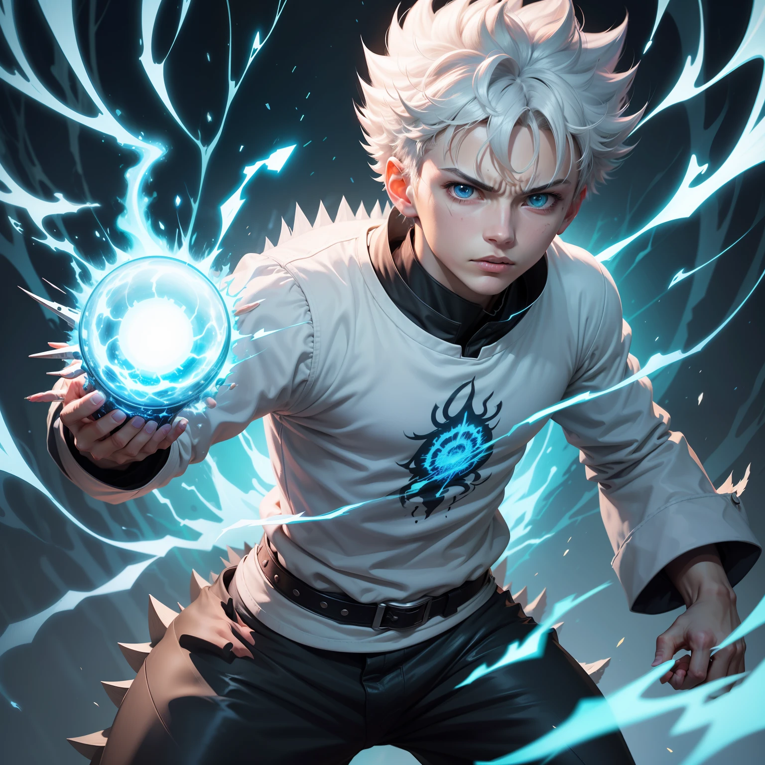 A highly detailed, ultra-realistic digital artwork of Killua Zoldyck, the deuteragonist of the anime/manga series Hunter × Hunter. The image should showcase his iconic lightning-based abilities, with vibrant electricity crackling around him. (8k resolution) The composition should highlight Killua's determined and focused expression, capturing his intense personality. The lighting should be dynamic, with dramatic shadows and highlights, emphasizing the electric energy. The camera angle should be slightly low, showcasing Killua's power and confidence. The color style should be bold and vivid, with a mix of cool blues and electrifying yellows. (HDR color