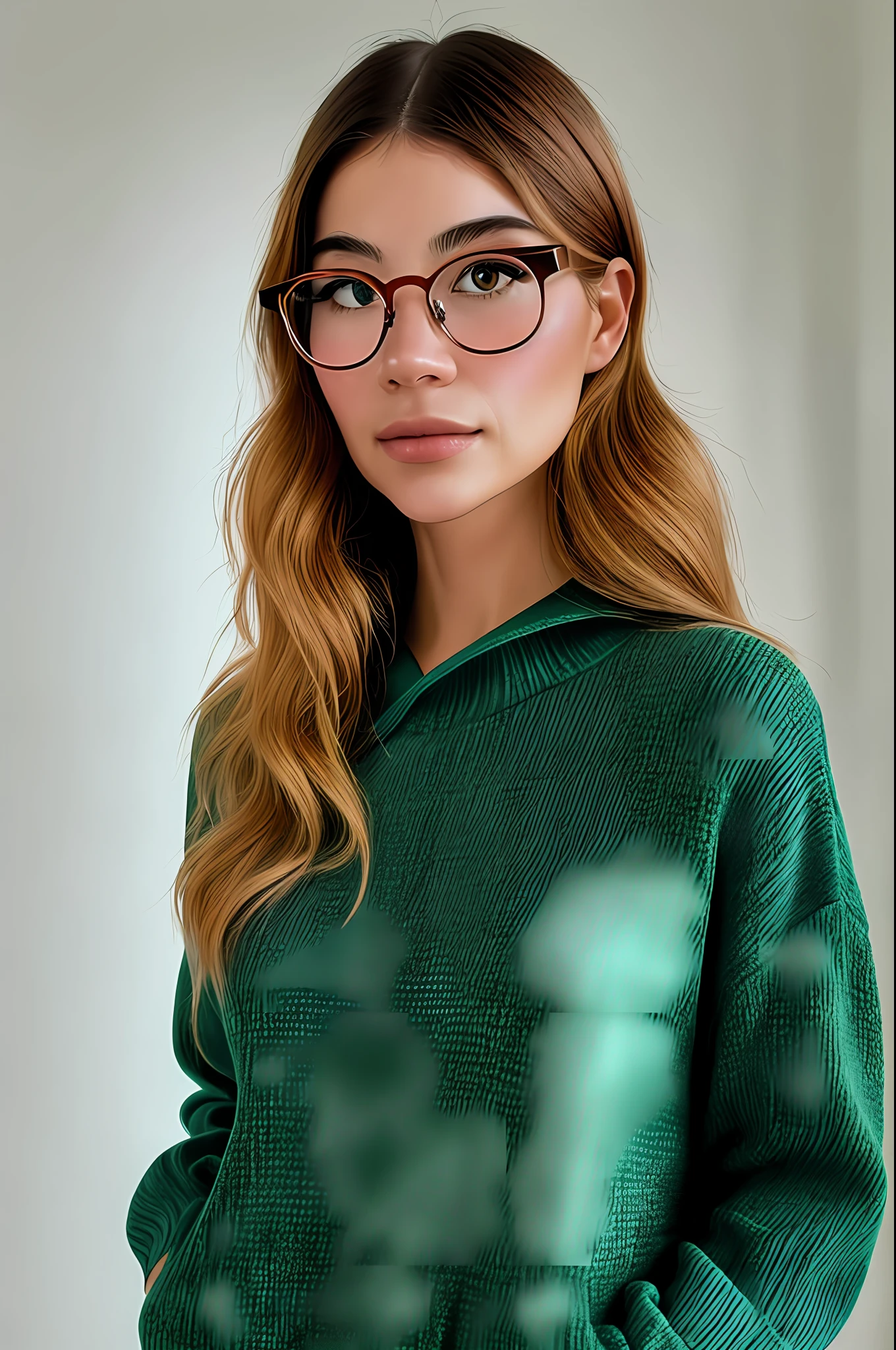 vestindo (pullover), retrato, rosto bonito, minimalist glasses, cabelos ruivos claro, olhos castanho escuro, olhos abertos, hiper realista, textura realista, Natural Daylighting, motor irreal, trending in artstation, cinestill 800,