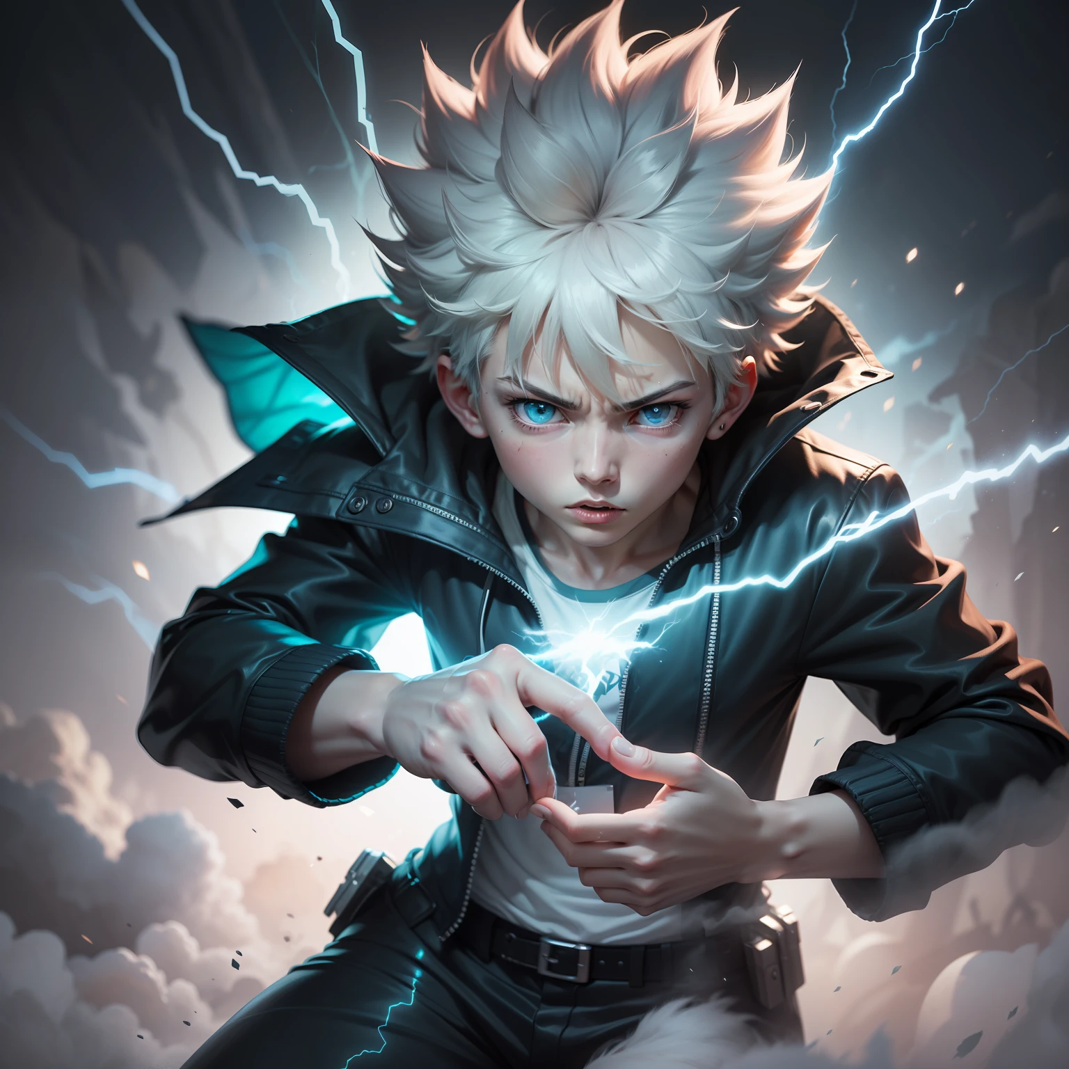 A highly detailed, ultra-realistic digital artwork of Killua Zoldyck, the deuteragonist of the anime/manga series Hunter × Hunter. The image should showcase his iconic lightning-based abilities, with vibrant electricity crackling around him. (8k resolution) The composition should highlight Killua's determined and focused expression, capturing his intense personality. The lighting should be dynamic, with dramatic shadows and highlights, emphasizing the electric energy. The camera angle should be slightly low, showcasing Killua's power and confidence. The color style should be bold and vivid, with a mix of cool blues and electrifying yellows. (HDR color