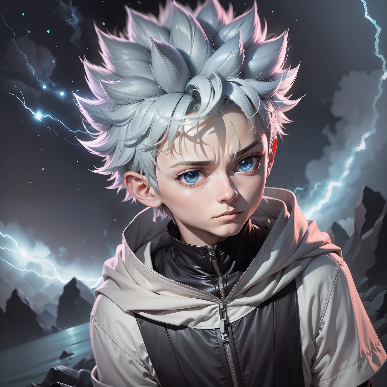 A highly detailed, ultra-realistic digital artwork of Killua Zoldyck, the deuteragonist of the anime/manga series Hunter × Hunter. The image should showcase his iconic lightning-based abilities, with vibrant electricity crackling around him. (8k resolution) The composition should highlight Killua's determined and focused expression, capturing his intense personality. The lighting should be dynamic, with dramatic shadows and highlights, emphasizing the electric energy. The camera angle should be slightly low, showcasing Killua's power and confidence. The color style should be bold and vivid, with a mix of cool blues and electrifying yellows. (HDR color