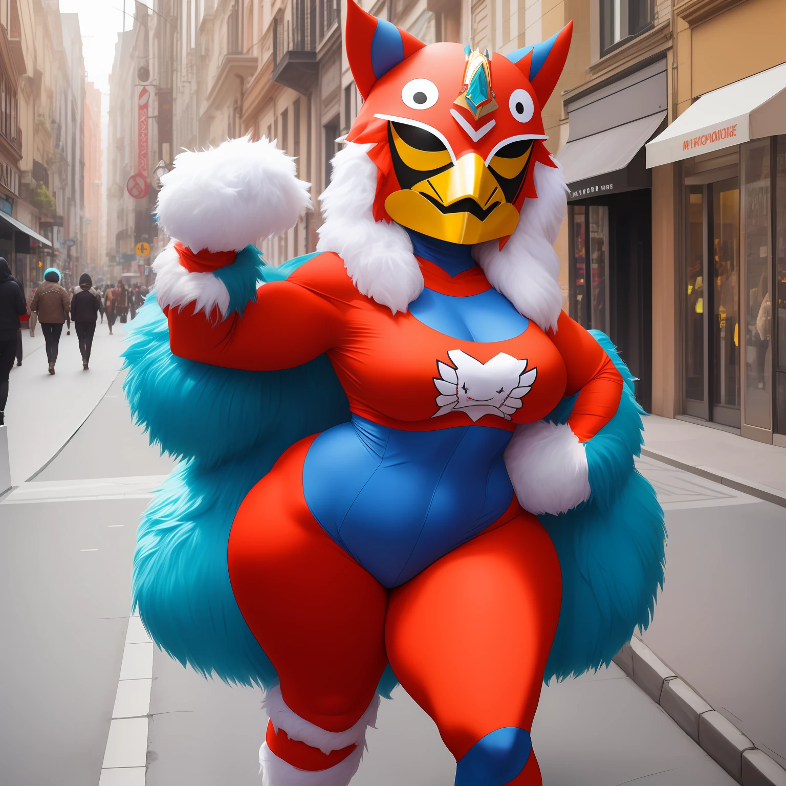 (stupid looking, funny mask),female monster mascot costume, full body covered by furry mascot costume,(feminine physique+feminine curves:1.3),on a sunny city street