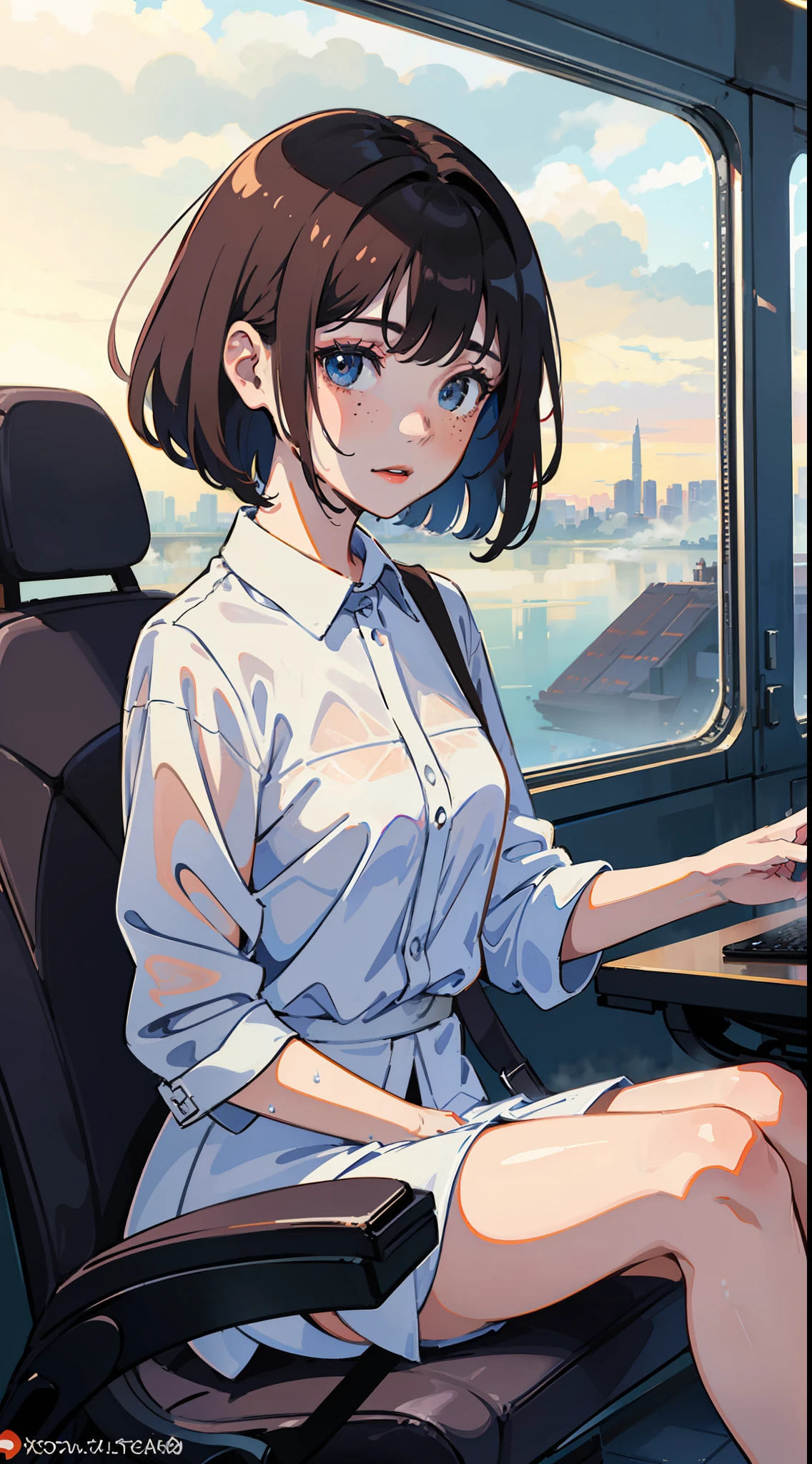 waifu, (beautiful anime girl), 1 girl, masterpiece(1.5), high quality(1.5), ultra detailed, llustration, 8K, color animation, red hair, blue eyes, ((short hair)), small breasts, freckles, (((,steam, humid,fog, common city: 1.4, sitting in a cubicle))) sitting waiting for bus, rainy sky, wet scenery, cold panorama, HDR