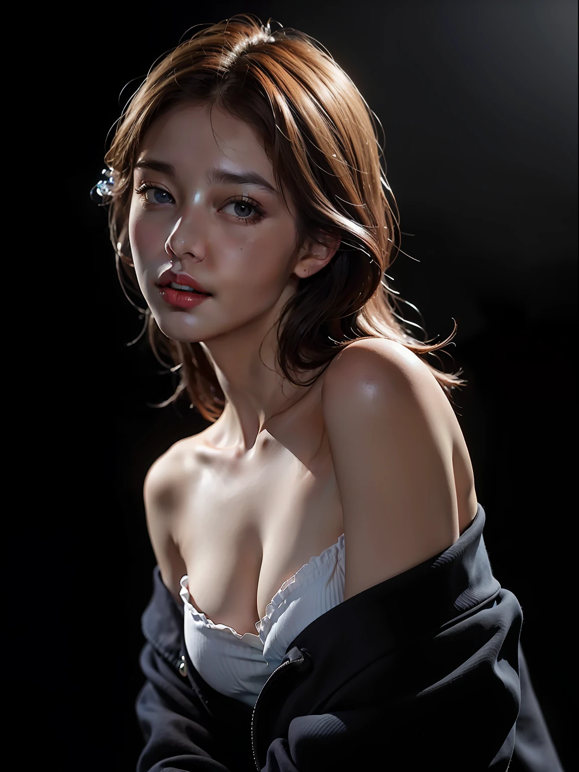 Best quality, masterpiece, ultra high res, (photorealistic:1.4), raw photo, 1girl, offshoulder, in the dark, deep shadow, low key, cold light