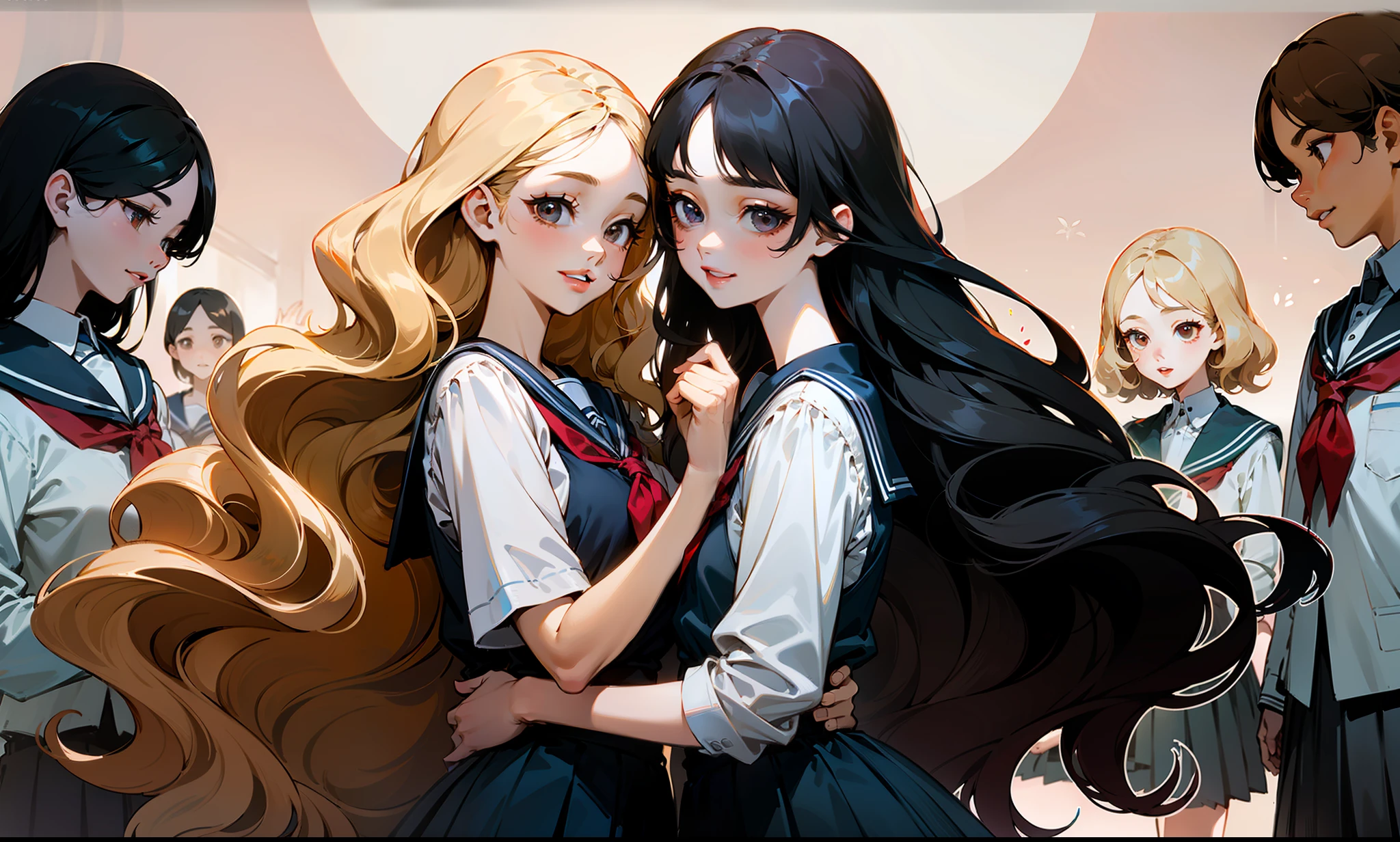 orphanage、Ten sisters、The national color is fragrant、is fair-skinned、Bright eye、The lips are red and the teeth are white、Charming brilliance、Blonde wavy hair、with black straight hair、Brown curly hair、Neat school uniform、dignified、elegantly