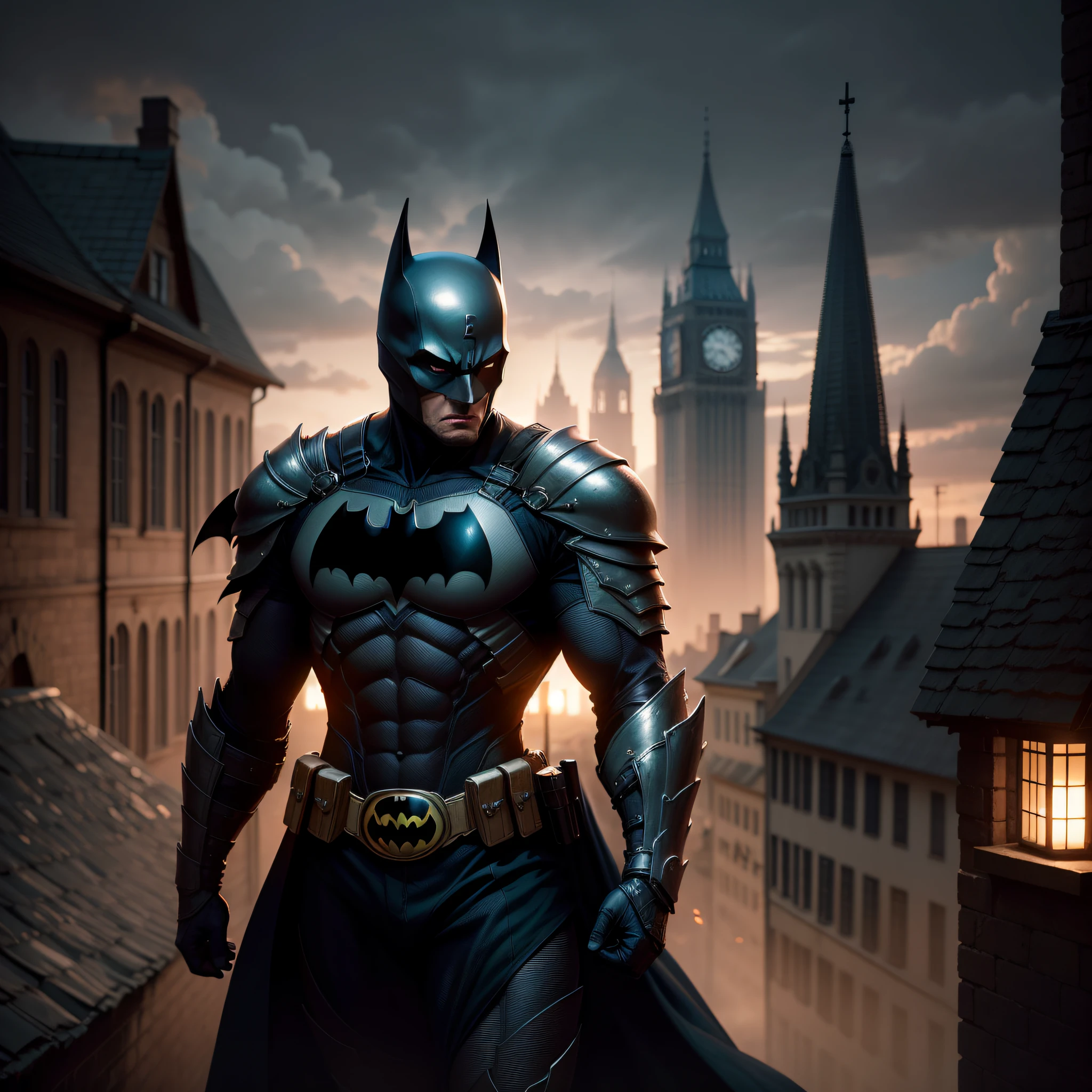 Batman guerreiro vestido com armadura medieval, Gothic city setting, luz do luar, noite escura, clima de terror, armadura reflete as luzes, on top of a building, cinematic lighting, high details, best quality, masterpiece