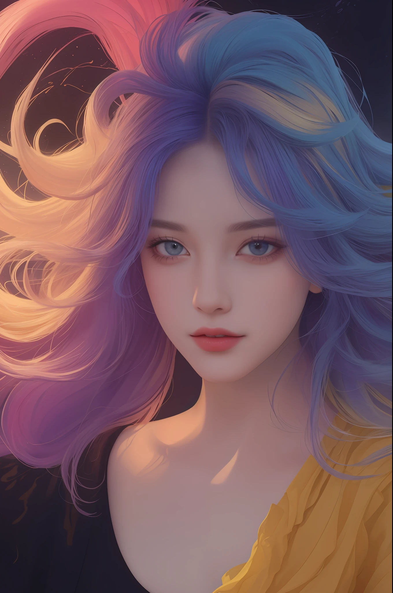Colorful beautiful girl: a giru 8-years old, messy hair, oil painting, nice perfect face with soft skinice perfect face, blue yellow colors, light purple and violet additions, light red additions, intricate detail, splash screen, 8k resolution, masterpiece, cute face,artstation digital painting smooth veryBlack ink flow: 8k resolution photorealistic masterpiece: intricately detailed fluid gouache painting: by Jean Baptiste Mongue: calligraphy: acrylic: watercolor art, professional photography, natural lighting, volumetric lighting maximalist photoillustration: by marton bobzert:, complex, elegant, expansive, fantastical, wavy hair, vibrant