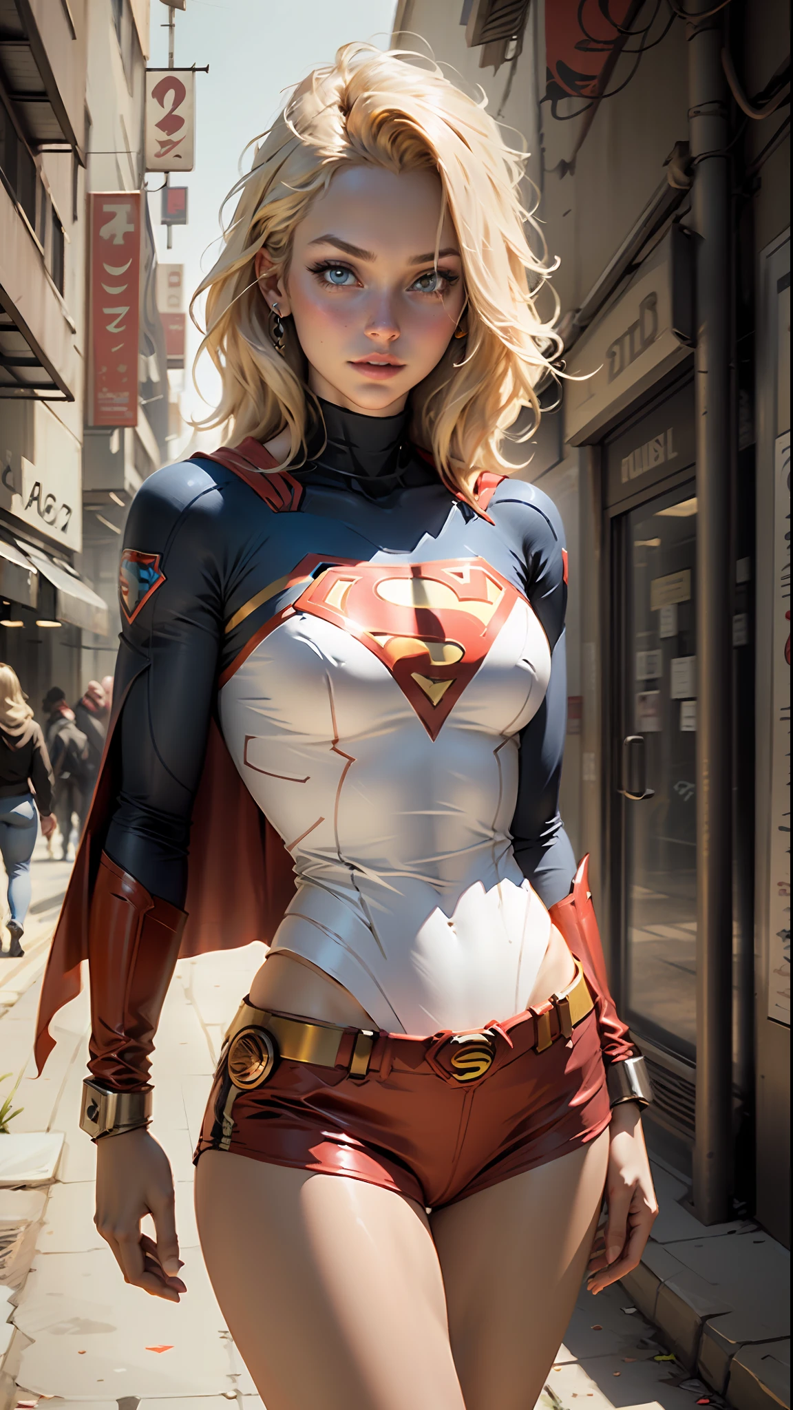 Beautiful supergirl medium blonde hair, roupas curtas estilo cyberpunk, with superman S symbol on the chest, olhos azuis, seios pequenos.