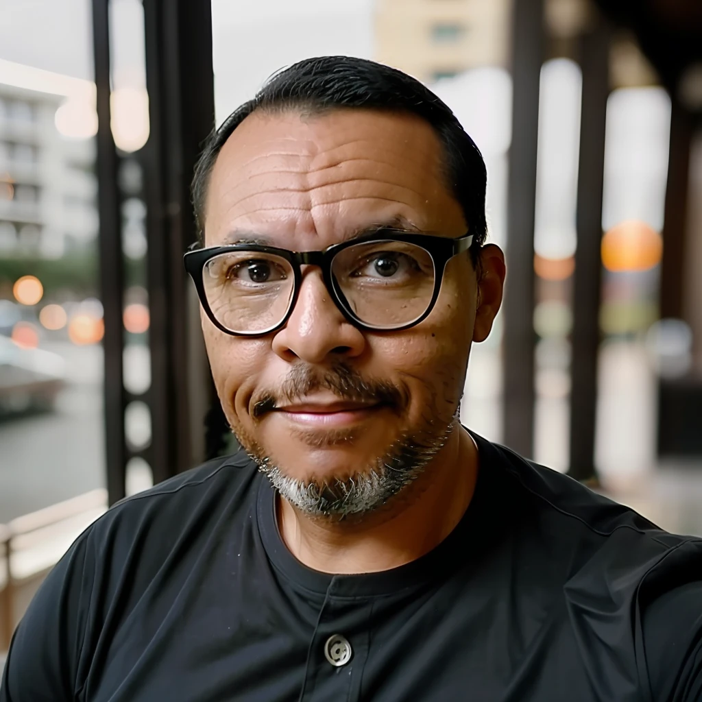 guttonerdvision6, Photo of 45-year-old man wearing glasses, de ((roupa preta)), rosto, meio corpo, Corpo, pele altamente detalhada, poros da pele, escritorio, estante de livros, janela com luz do nascer do sol, 8k UHD, DSLR, soft lighting, alta qualidade, filmic grain, Fujifilm XT3