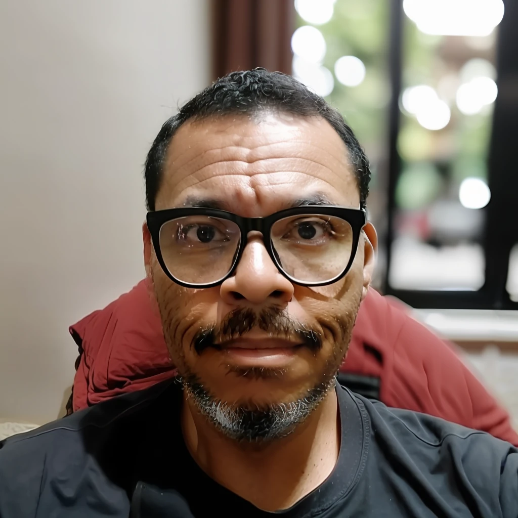 guttonerdvision6, Photo of 45-year-old man wearing glasses, de ((roupa preta)), rosto, meio corpo, Corpo, pele altamente detalhada, poros da pele, escritorio, estante de livros, janela com luz do nascer do sol, 8k UHD, DSLR, soft lighting, alta qualidade, filmic grain, Fujifilm XT3