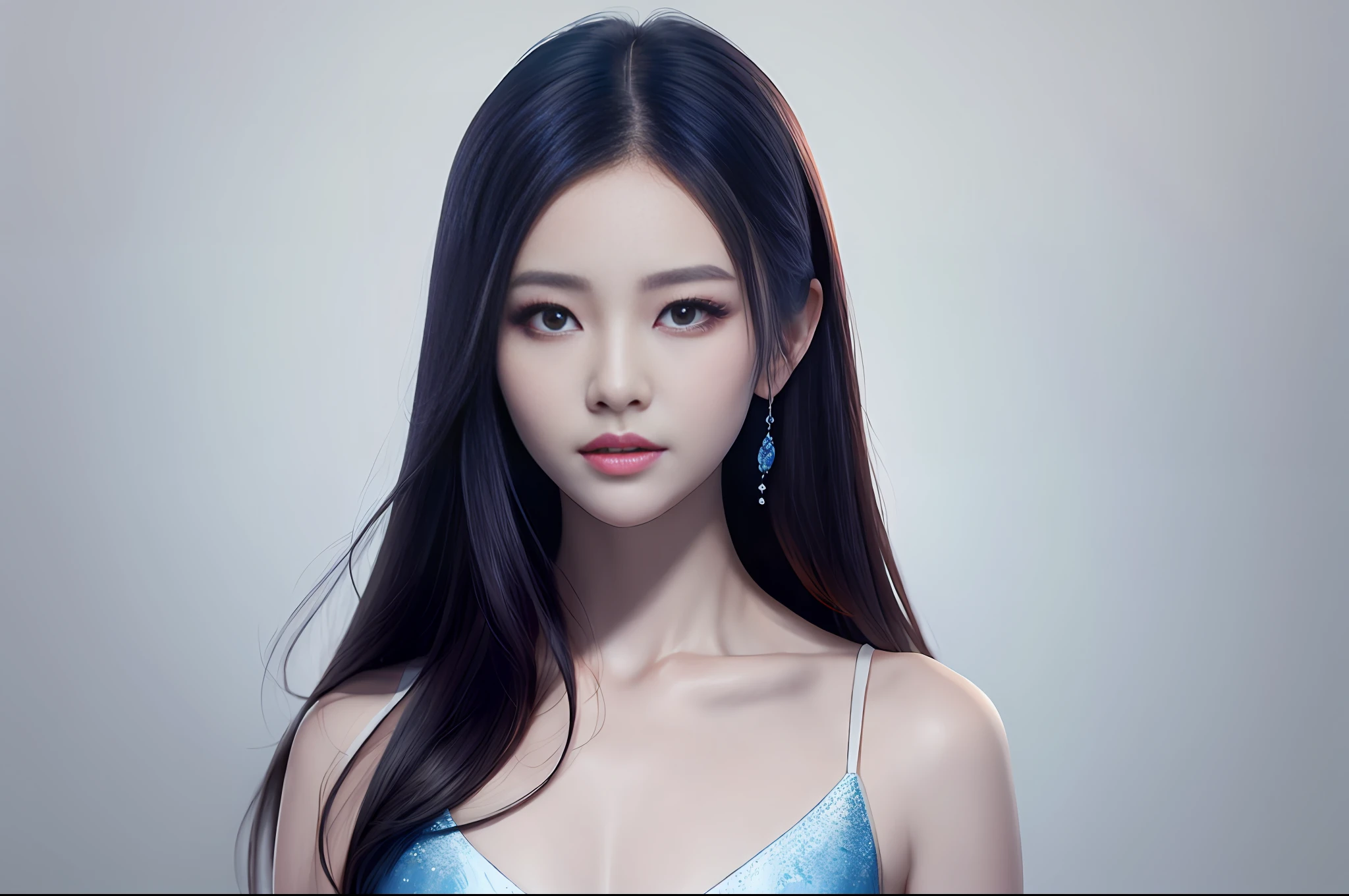 （1 Chinese beauty star，Lots of white space：2.2，blue-eyed，Exquisite clavicle，simple Backgrounds，8k-UHD，beste Quality，ultra-details），in the art style of bowater