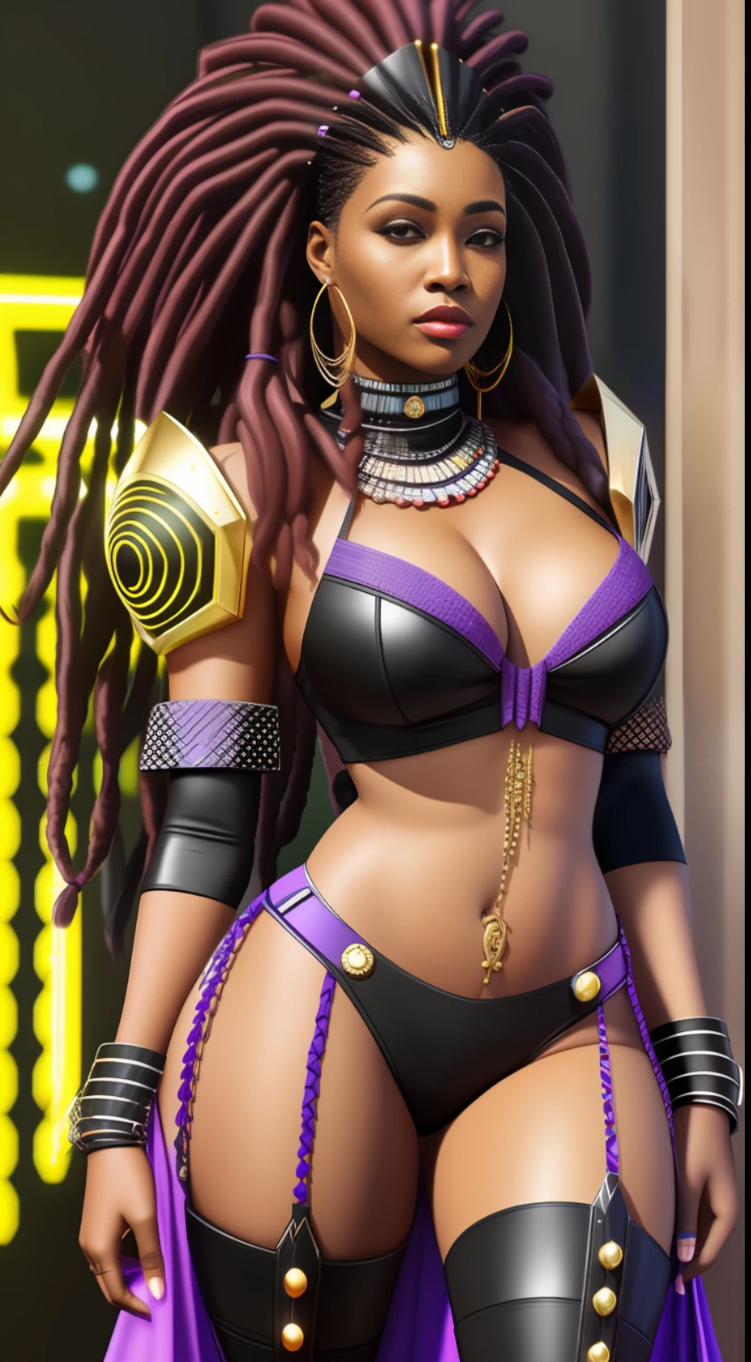 a queen african black woman, afro long dreads hair purple realistic, cyberpunk garments Luxurious Costume diamonds.