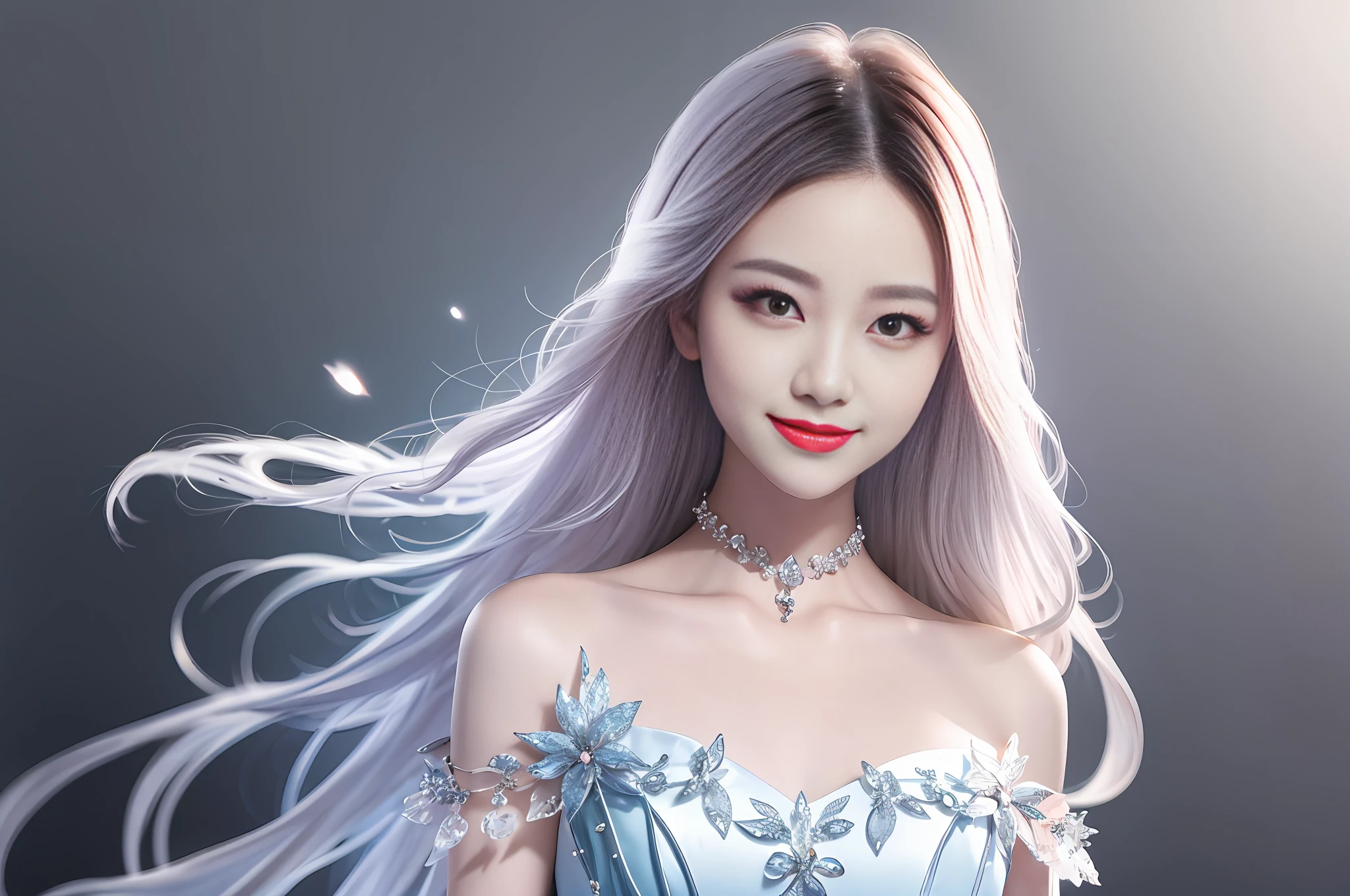 1 Chinese beauty star,Smile with,The Masterpiece,best qulaity,ultra-highres,Fluorescent color,
1girls, looking at the spectator, beatutiful face, beautifull eyes,(off the shoulder:1.2), shinyskin, glowing with,lipsticks,Shiny silver hair,Ultra-white skin,simple Backgrounds,Lots of white space,Hands are not displayed:1.5,astral dress,Particle