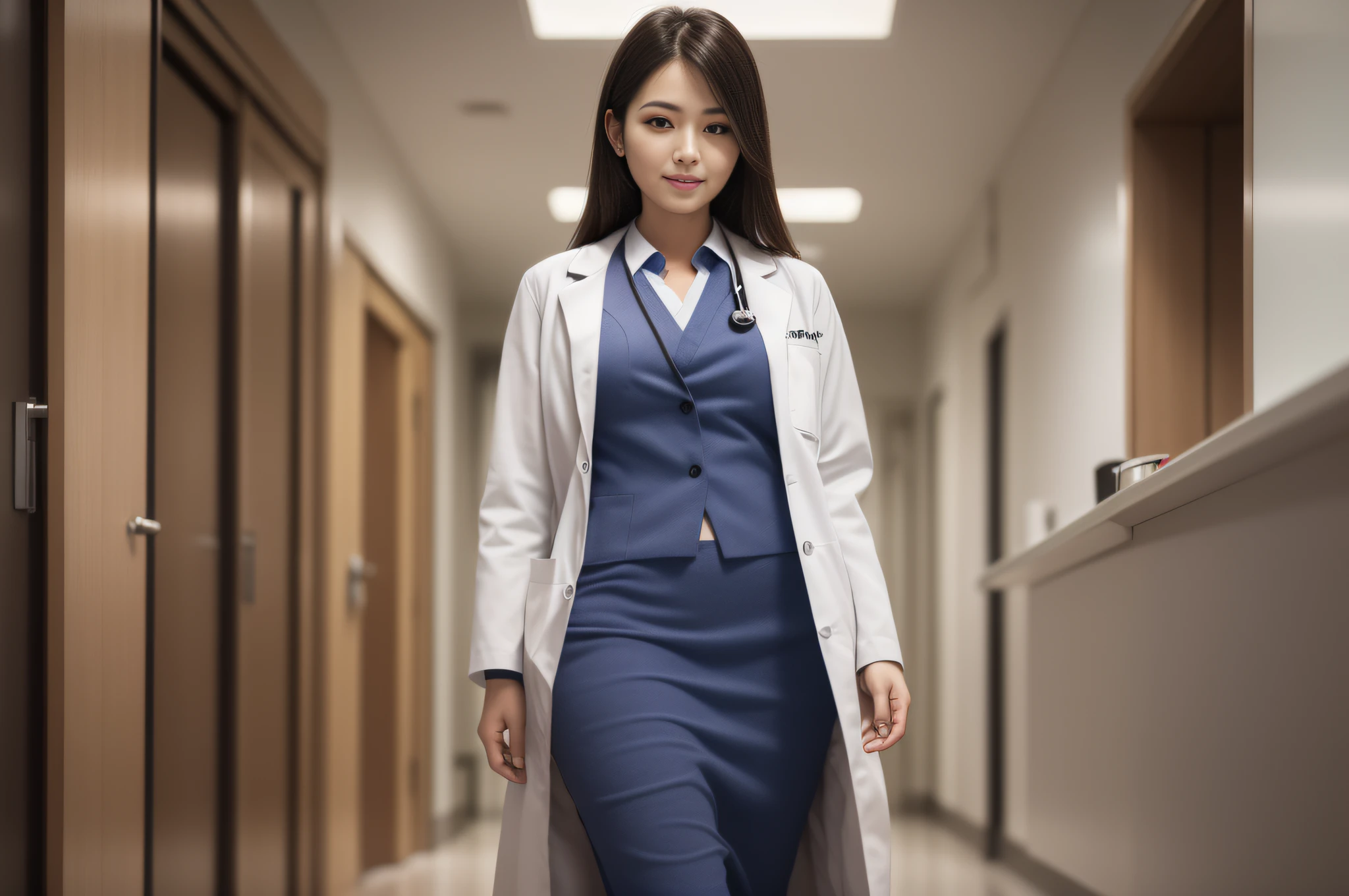 hospital, woman, doctor, smile, innocence, photorealistic, lens flare, looking right, doctor, uniform, intricate detail, masterpiece, highest quality, ultra high definition, ultra high definition, detailed eyes, detailed facial features, HDR, 8k resolution, distant view, floor reflection, Japan person, lab coat, full body