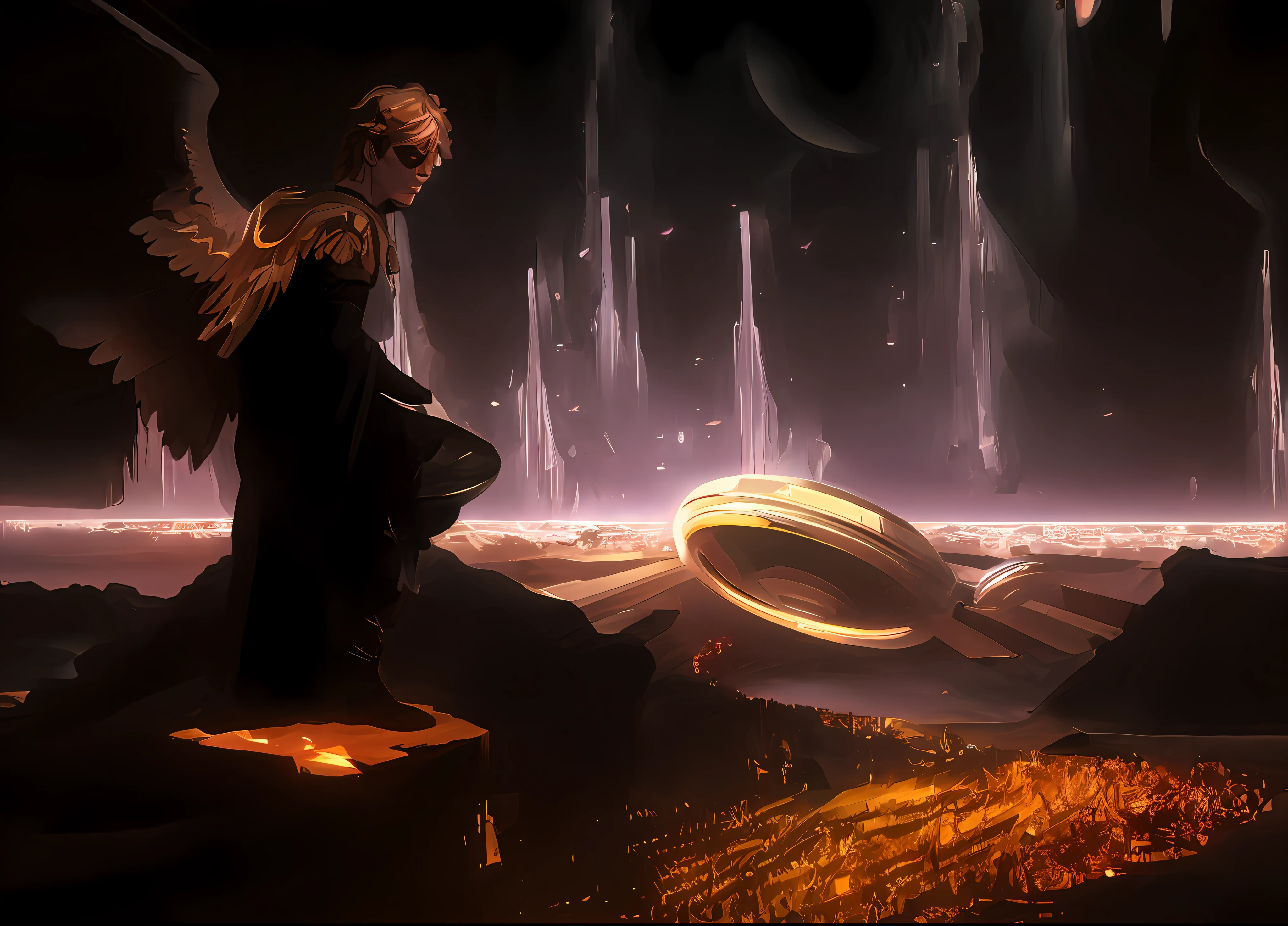 There is a digital painting of a man with wings, Anakin em uma rocha, Finnish in Grungerock Alien dark Sky, black and dark sky, epic scifi movie still, depicted as a scifi scene, an epic scifi movie still, em uma arena futurista de ouro, cidade enorme de ouro ao fundo, fan art, Ovni luminoso e colorido pairando sobre uma horda de ouro, Scifi, award-winning scientific art, concept piece, Tron Anjo, artists rendition, scifi religioso