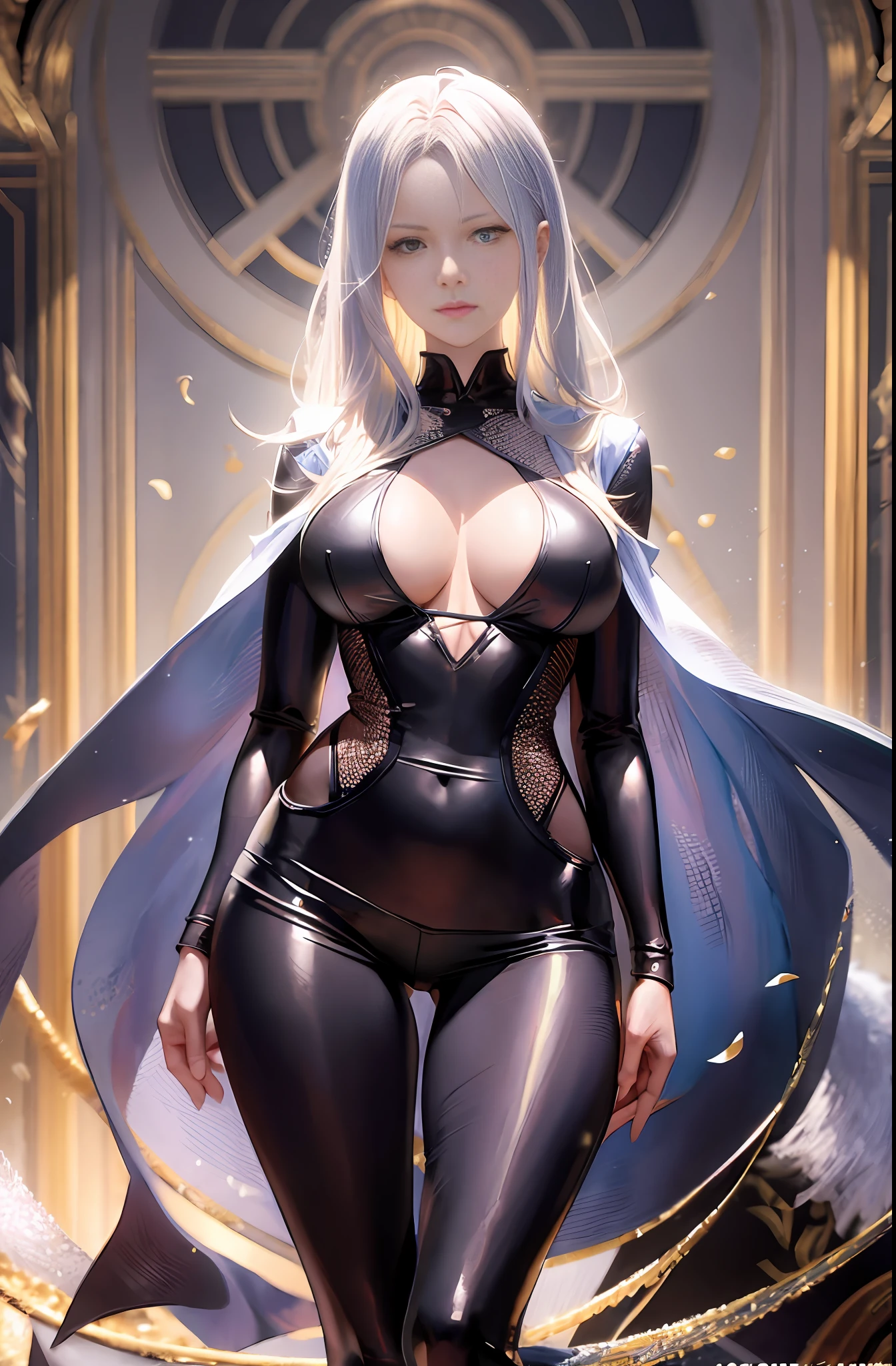 Master anime work, impeccable masterpiece, a sexy mature modern woman in cool sexy modern clothes standing on a pure white background, flowing silver hair, full body standing posture, slender legs, straight breasts, detailed face details, natural and beautiful standing posture, vivid and real body details