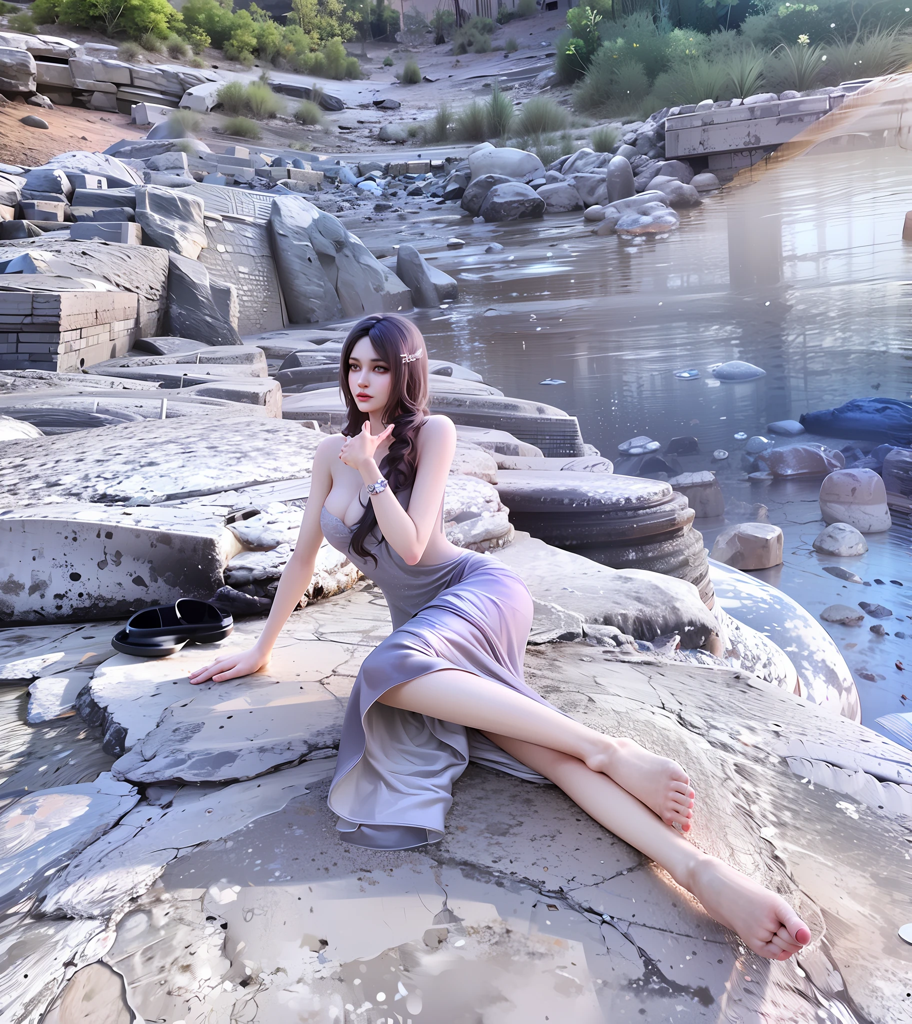 The Alatei woman sits on a rock，legs crossed, on a rock, sitting on rocks, sitting on rocks, elegant posture, on a cliff, flowy hair standing on a rock, xintong chen, Sexy pose, various poses shooting photos, angel sitting on a rock, sitting cutely on a mountain, wenfei ye, photoshoot