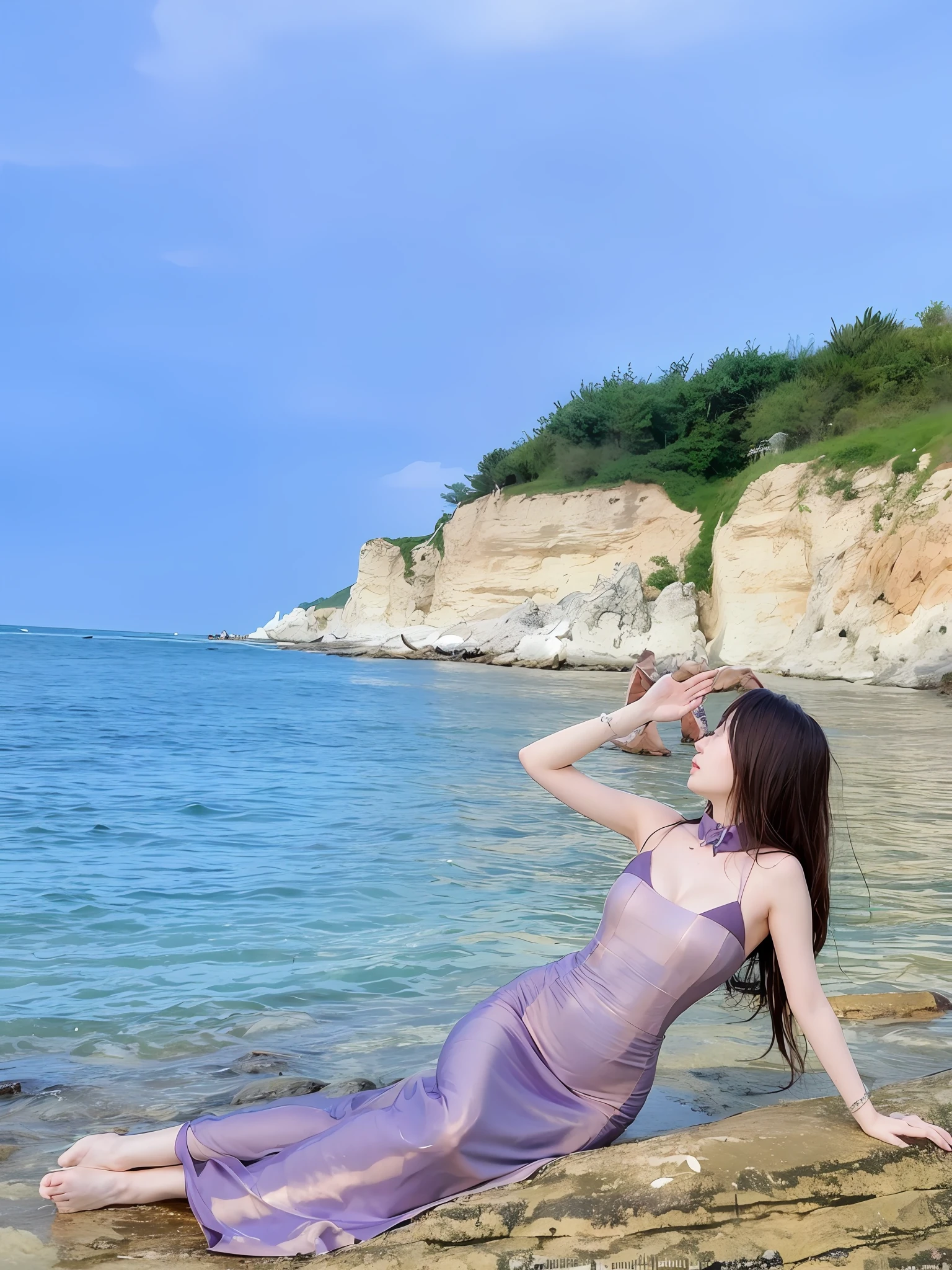 woman in a purple dress laying on a rock by the water, queen of the sea mu yanling, real photoshoot queen of oceans, jiyun chae, posing on a beach with the ocean, seseon yoon, at the sea, xintong chen, 8K)), 🤬 🤮 💕 🎀, heonhwa choe, photoshoot, shaxi