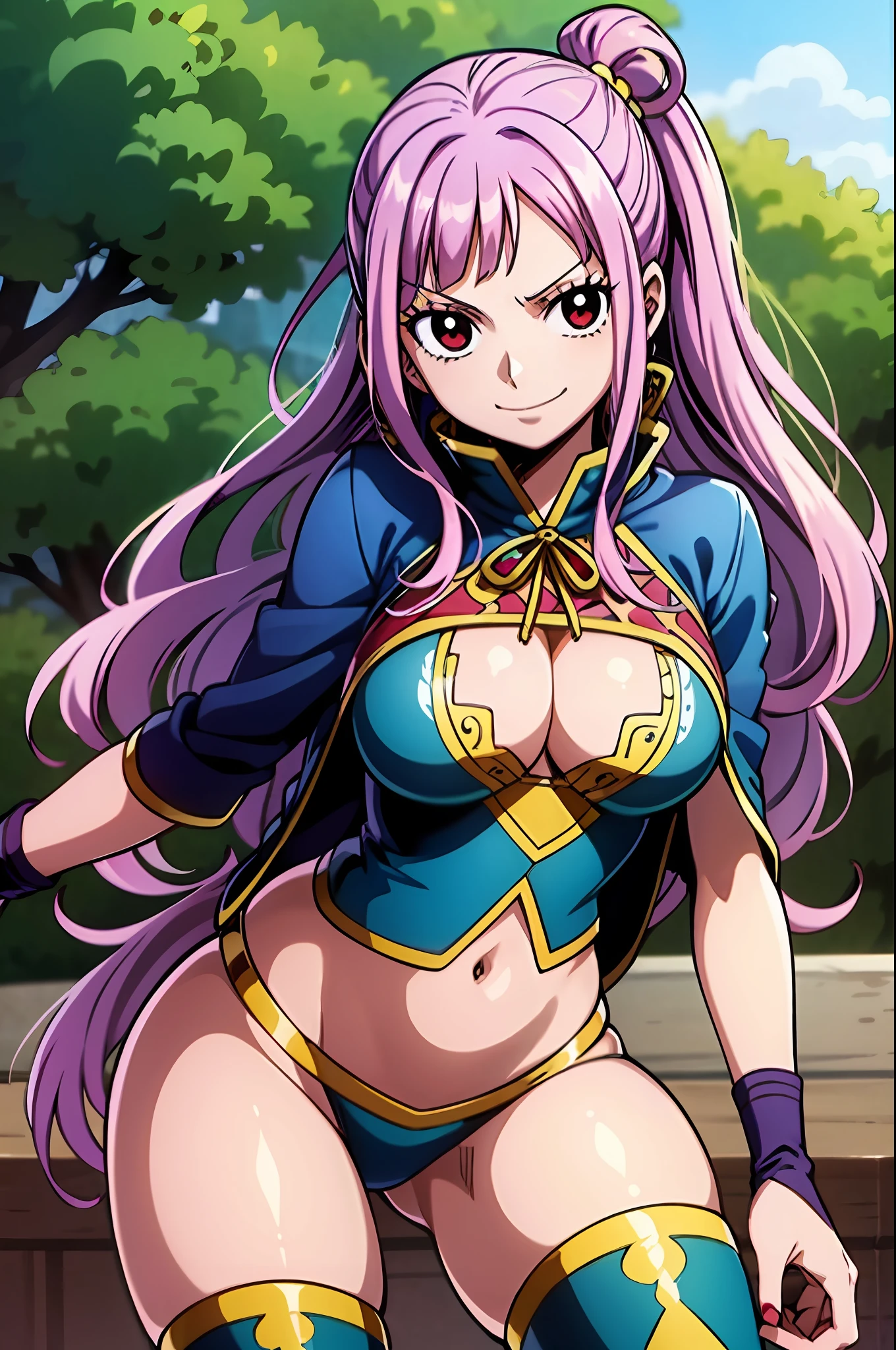 1girl, light smile, red eyes and purple hair in a twin ponytail, (style of one piece and fairy tail anime), (illustrated by Eiichiro Oda and Hiro Mashima), (style mixing), Lucy Heartfilia, Nami