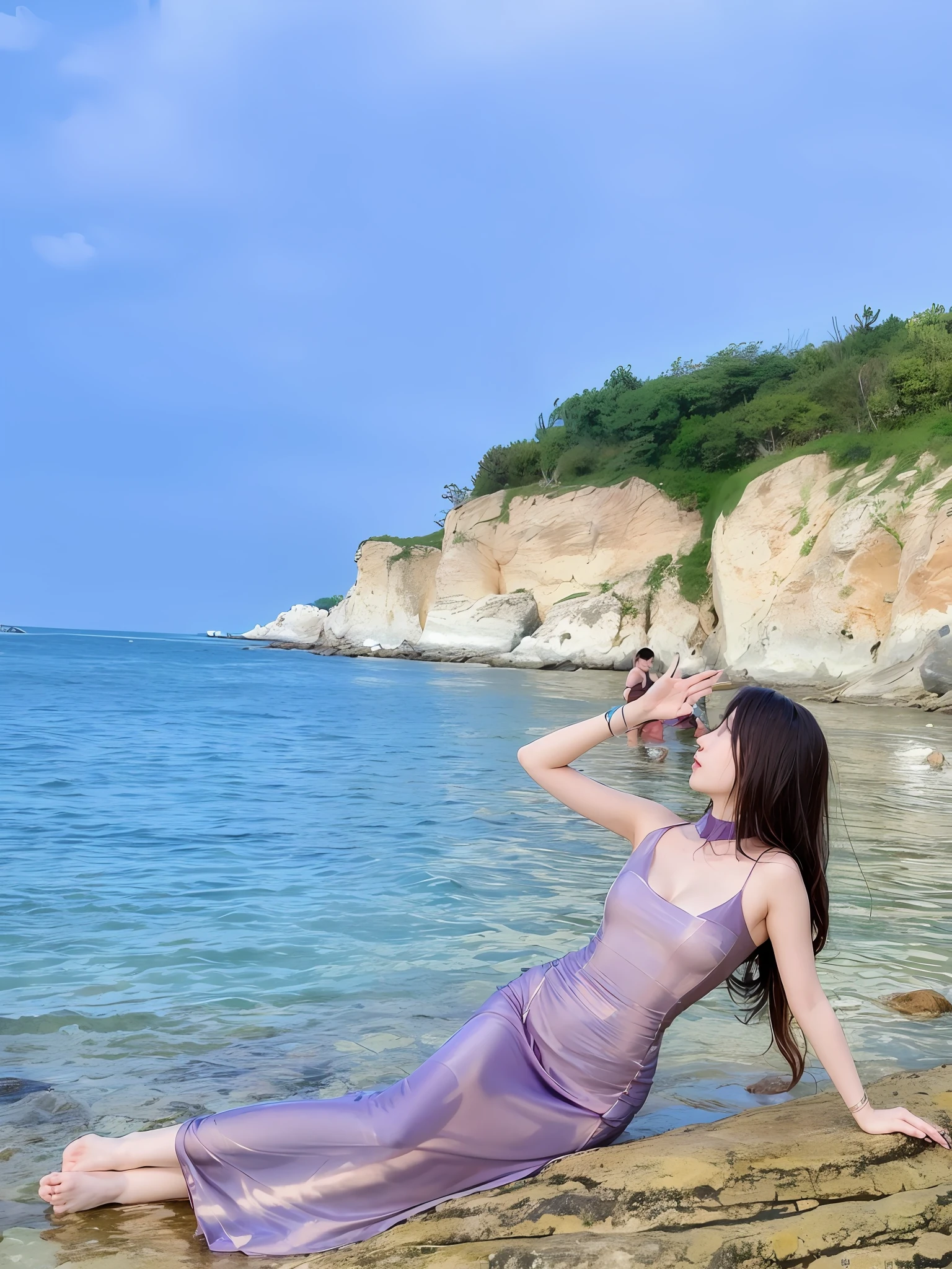 woman in a purple dress laying on a rock by the water, queen of the sea mu yanling, real photoshoot queen of oceans, jiyun chae, posing on a beach with the ocean, seseon yoon, at the sea, xintong chen, 8K)), 🤬 🤮 💕 🎀, heonhwa choe, photoshoot, shaxi