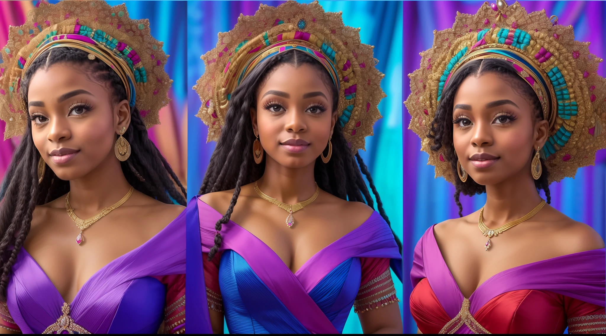 (adicionar_detalhe:1) Crie um retrato realista de uma princesa afro-americana. Ela tem cabelos volumosos em um estilo natural, adornado com flores coloridas. Your skin is a rich, Tom Profundo, radiante com um brilho natural. Her eyes are expressive and captivating. She wears a stunning gown in vibrant hues with intricate details that reflect her cultural heritage. Her posture is elegant and confident, conveying a magnetic presence. (The camera is positioned to capture the chest-up part of the princess, showing off her graceful expression and stunning outfit)