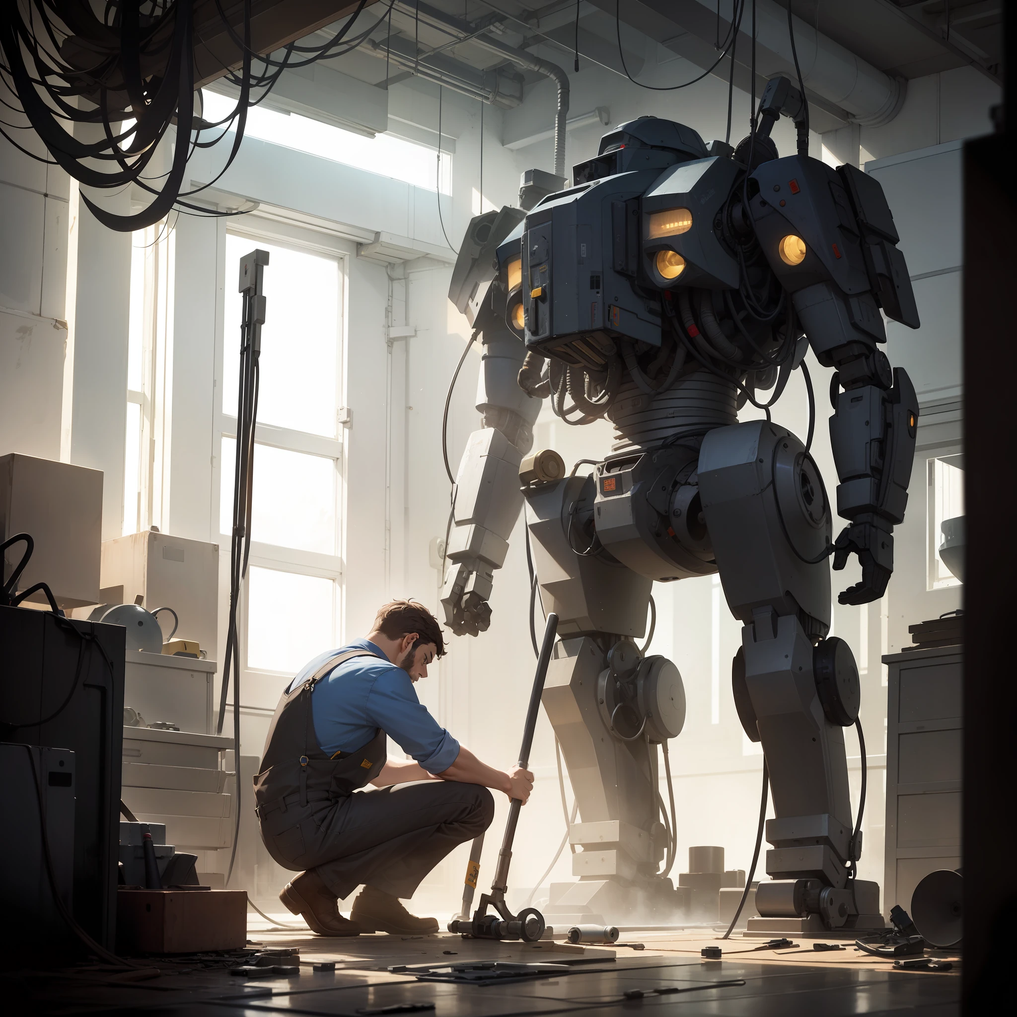 Masterpiece, Best qualified,(Workshops)，1 Men，Mechanical parts，Messy studio，Sunlight shines through the exhaust fan，Dim environment，The precision mech sat on the ground against the wall，Mecha with head down，Man in overalls，The man holds a hammer，The man looked at the mech，sad look，A shimmering mech，Illuminated face，