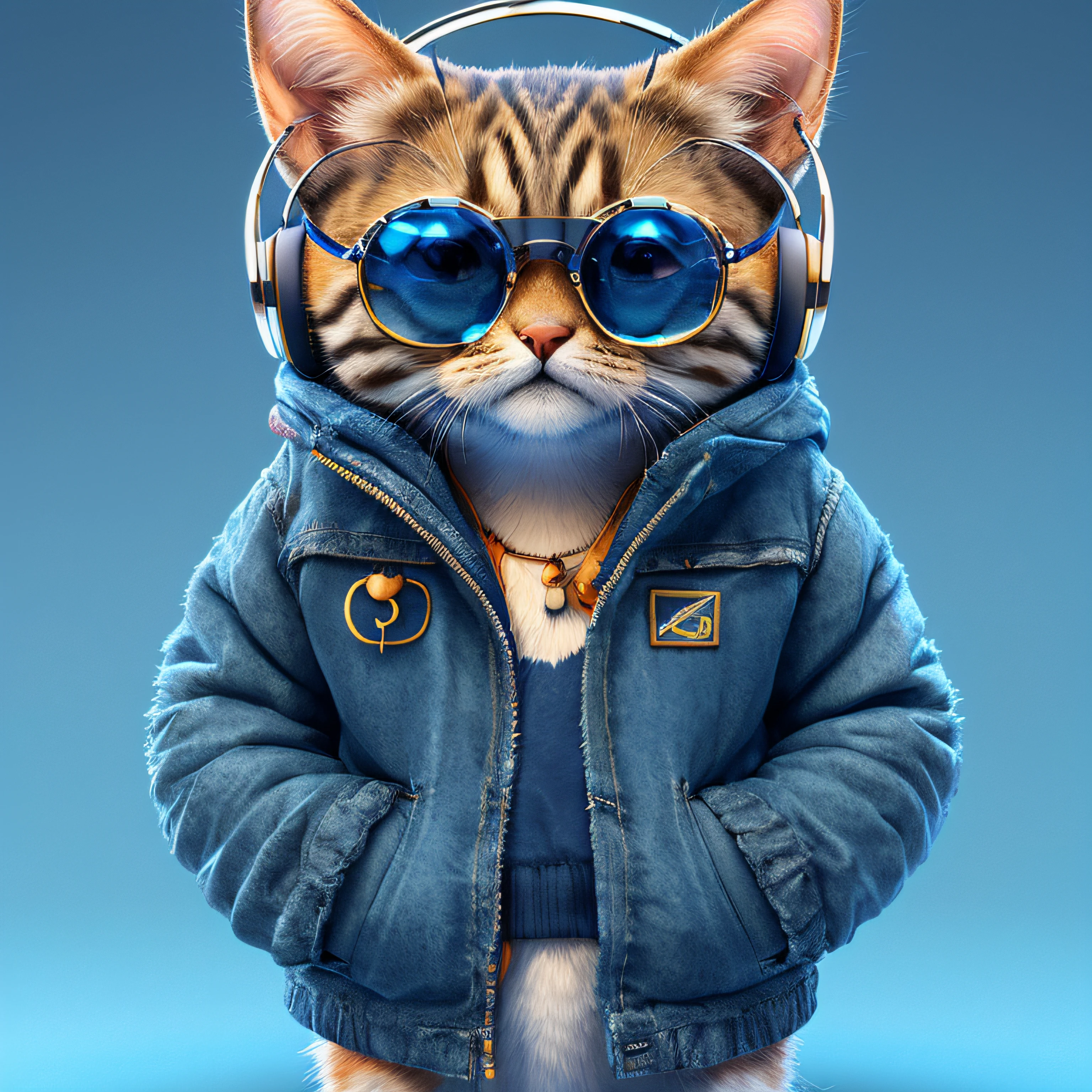 araffe wearing a denim jacket and sunglasses with a hoodie, olhando heckin legal e elegante, arte digital detalhada bonito, gato cyberpunk, bonito 3 d render, ultra realistic 3d illustration, inspirado em Chris LaBrooy, adorable digital painting, anthropomorphic female cat, Fursona usando roupas estilosas, arte digital peluda, arte digital bonito, Cybercat