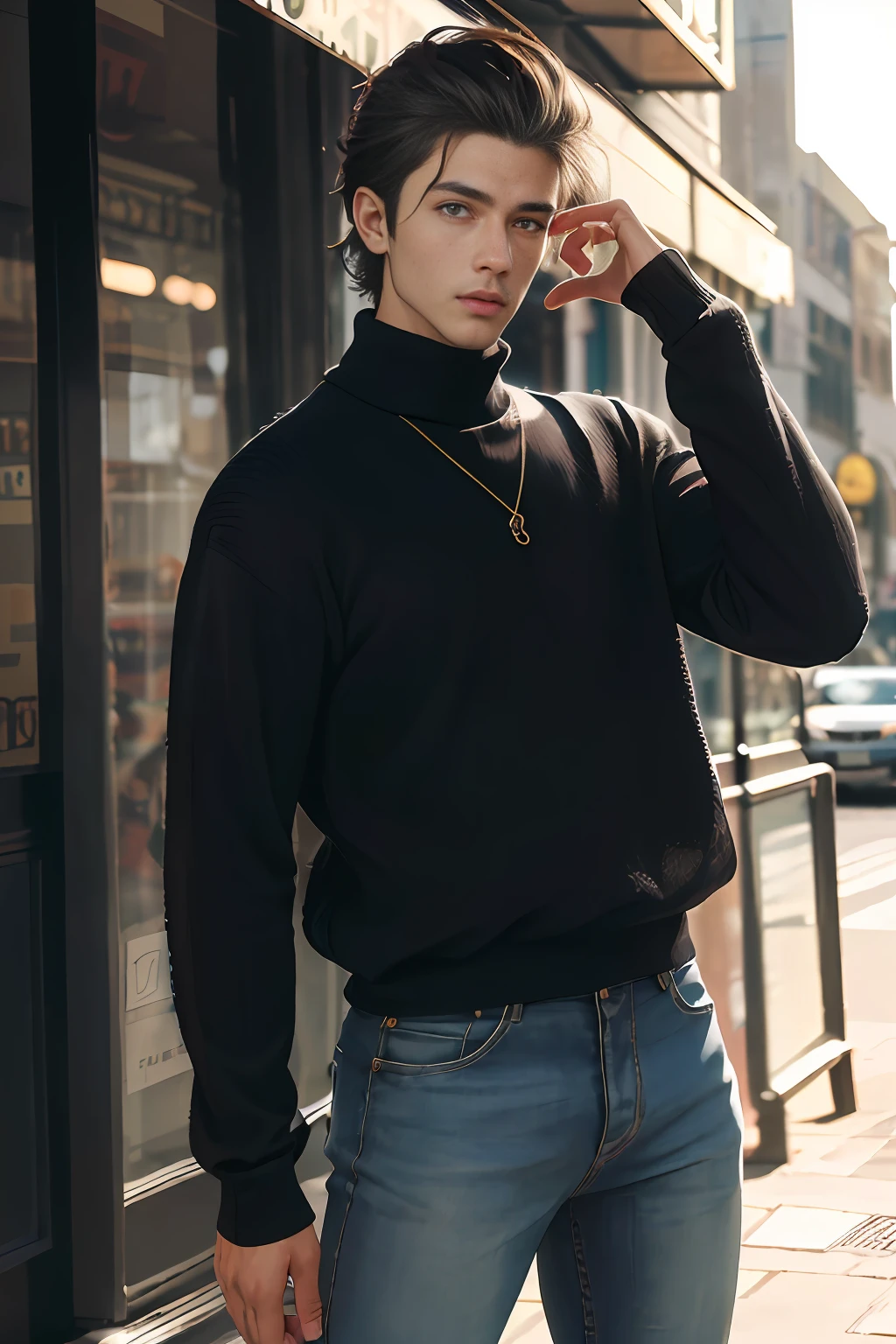 (contemporary, detalhado, Fotorealista) Young man with hair combed back, (olhos castanhos:1.3|olhos verdes), Black Men's Sweater Tight Black Jeans, (descolado|Urbano|sofisticado) background with natural lighting or cold light