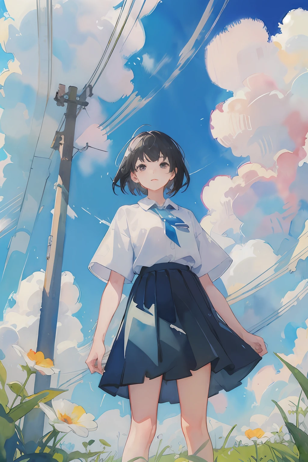 (watercolor:1.2), watercolor, 1girl, solo, sky, cloud, outdoors, power lines, utility pole, skirt, shirt, black hair, short sleeves, white shirt, day, blue sky, flower, short hair, from below, black skirt, black eyes, cumulonimbus cloud, holding, bangs, cloudy sky, closed mouth