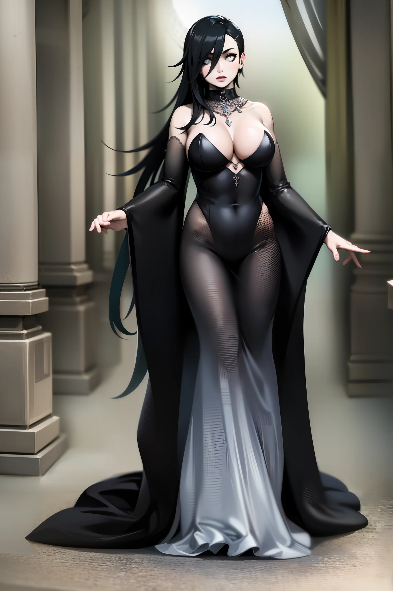 Cheveux courts, long robe, chiffons noirs, tomboy, cheveux noirs, maquillage, Goth, verre,sein moyen, christian, Croix latine, seul, forest, full clothed, victorian cloths