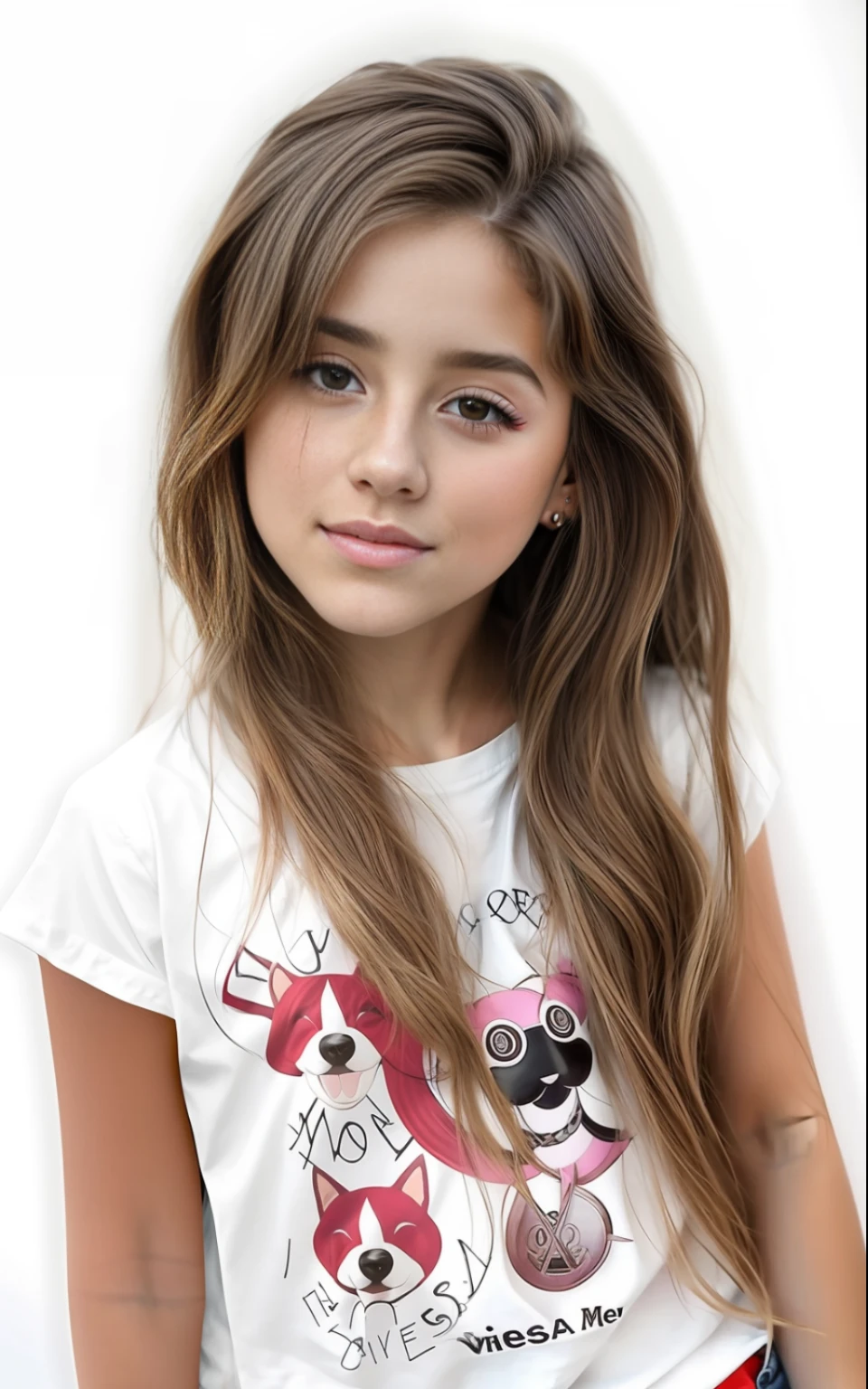 there is a young girl with long hair wearing a white shirt, jovem bonito, lindo modelo jovem, menina e bonito, jovem e bonito, menina jovema, Retrato de Ariana Grande, retrato bonito, Isabela Moner, pintura realista da menina bonito, Vioyers, modelo bonito da menina, jovem adolescenta fofa jovem, Rapariga
