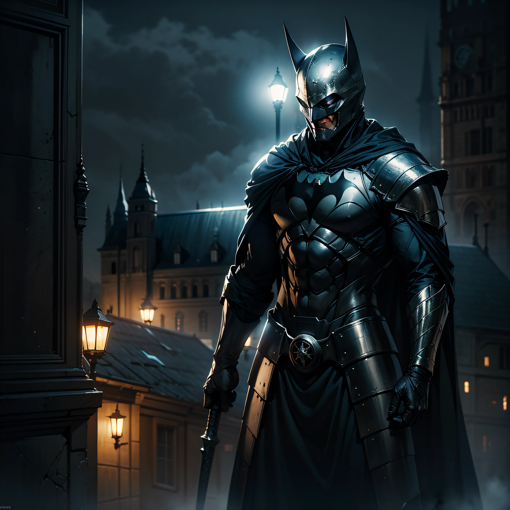 Batman guerreiro vestido com armadura medieval, Gothic city setting, luz do luar, muita neblina densa, Noite escura, Clima de terror, armadura reflete as luzes, on top of a building, cinematic lighting, detalhes altos, melhor qualidade, Masterpiece