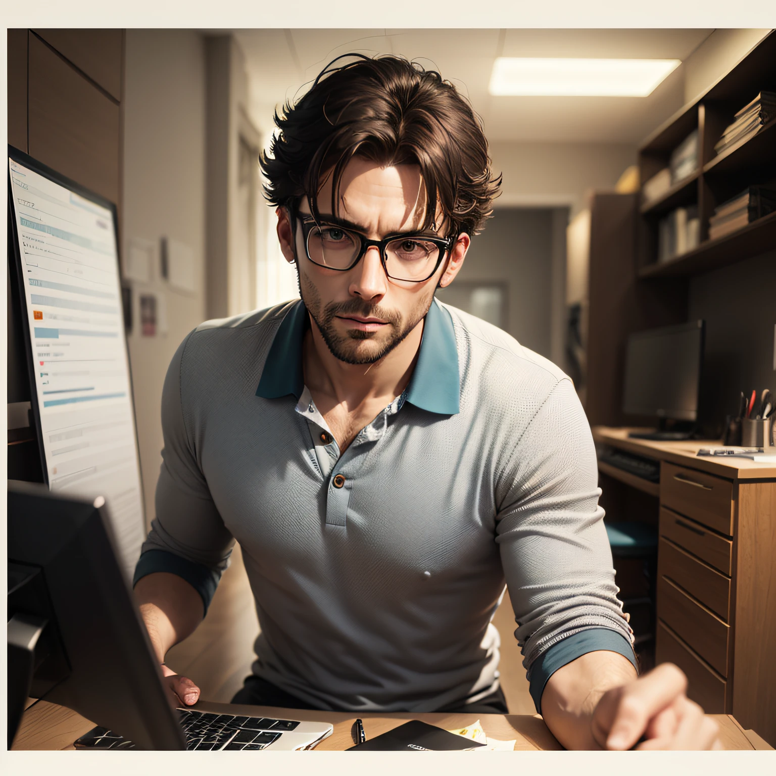 Um homem de 35 anos de idade, magro, black glasses, blusa polo lagoste, nariz fino, boca bem desenhada, nerd, estudioso, apaixonado por tecnologia, como se fosse o Deus Apolo: racional, logical and mathematical, realista, hiperealista, humano, detalhes, cinematic. --auto