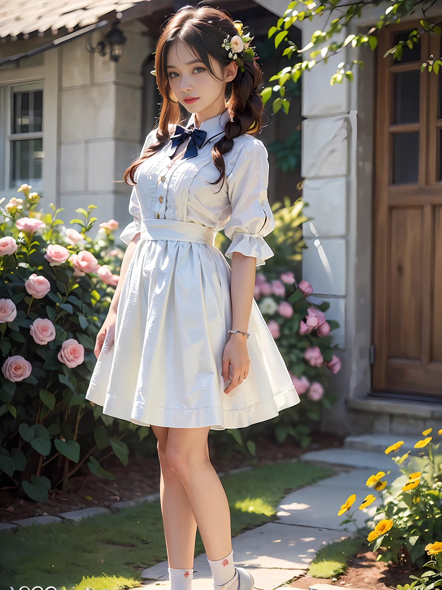 One woman with a faint smile、full full body、Silk White Socks、pumps、Standing in front of garden arch with flowers、(Photoreal:1.4)、(Hyperrealistic:1.4)、(Realistic:1.3)、(Smooth lighting:1.05)、(Improved cinematic lighting quality:0.9)、(Shallow depth of field)、1girls、20 year old adult woman、Bright spring morning natural light、back lighting、Facial Lights、ray-traced、(bright lights:1.2)、(Quality improvement:1.4)、(Realistic textured skin of the highest quality:1.4)、small tits、fine detailed eyes、detailed faces、Small face、Fine quality eye、Brown eyes、ponie tail、Braiding、Ribbons in the hair、Floral blouse with ruffles、bowtie、Green glass jar with water、The back of the background is white and blurry.