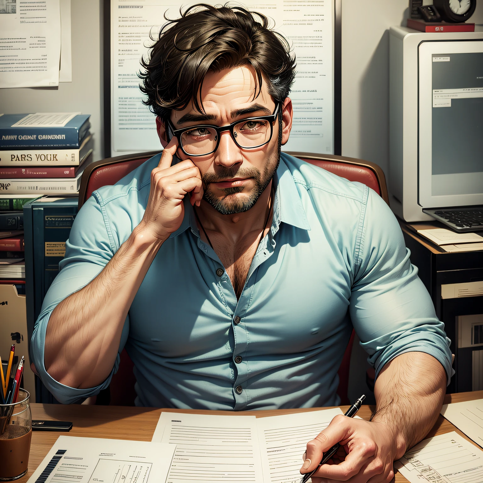 Um homem de 35 anos de idade, magro, black glasses, blusa polo lagoste, nariz fino, boca bem desenhada, nerd, estudioso, apaixonado por tecnologia, como se fosse o Deus Dionisio: emotivo, criativo and ilogico, realista, hiperealista, humano, detalhes, cinematic. --auto