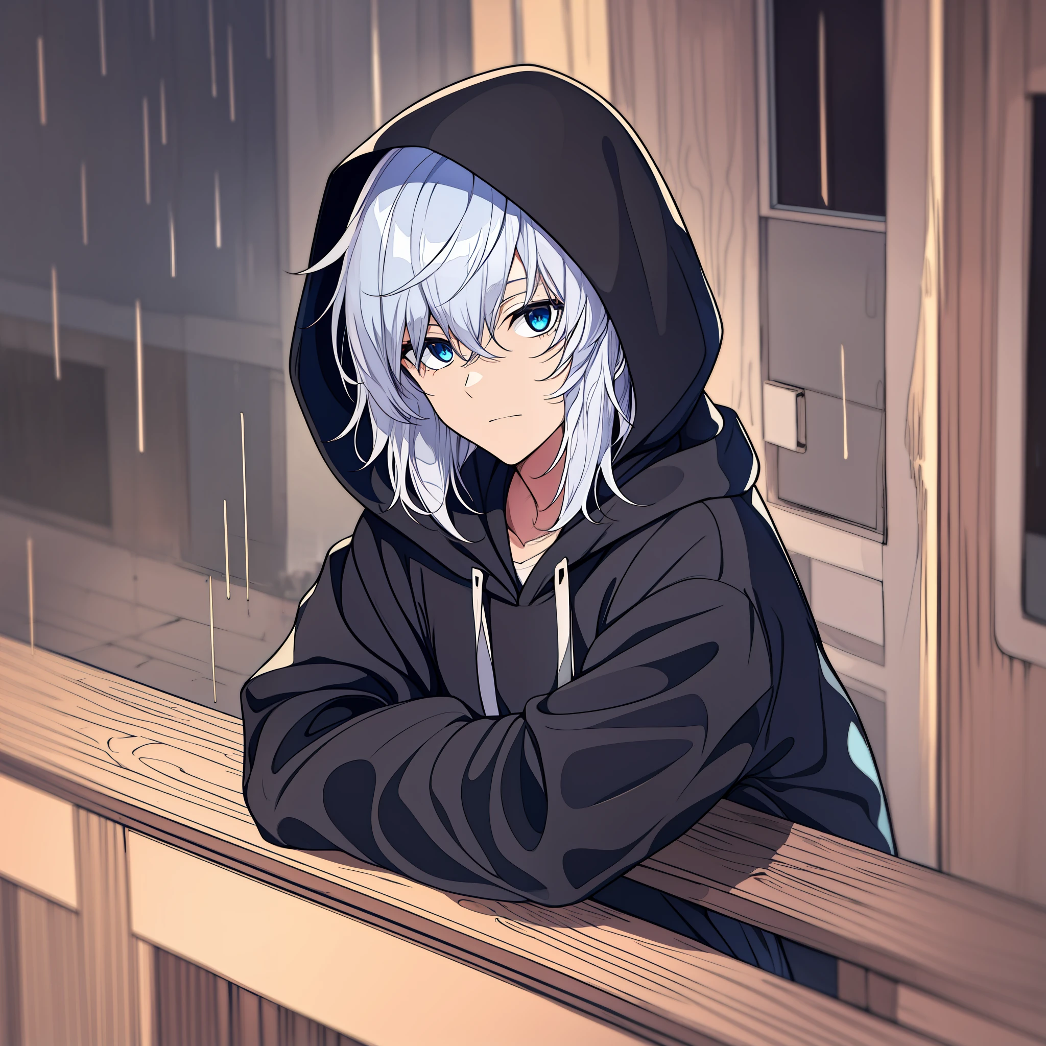 Older age Male with blue eyes and white hair, wearing a black hoodie, hood on his head, edgy, in the rain, on a balcony