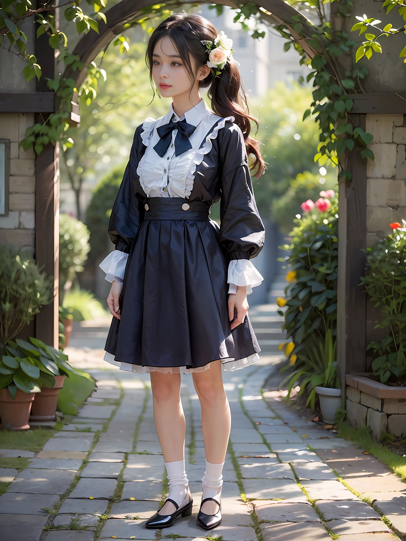 One woman with a faint smile、full full body、Silk White Socks、pumps、Standing in front of garden arch with flowers、(Photoreal:1.4)、(Hyperrealistic:1.4)、(Realistic:1.3)、(Smooth lighting:1.05)、(Improved cinematic lighting quality:0.9)、(Shallow depth of field)、1girls、20 year old adult woman、Bright spring morning natural light、back lighting、Facial Lights、ray-traced、(bright lights:1.2)、(Quality improvement:1.4)、(Realistic textured skin of the highest quality:1.4)、small tits、fine detailed eyes、detailed faces、Small face、Fine quality eye、Brown eyes、ponie tail、Braiding、Ribbons in the hair、Floral blouse with ruffles、bowtie、Green glass jar with water、The back of the background is white and blurry.