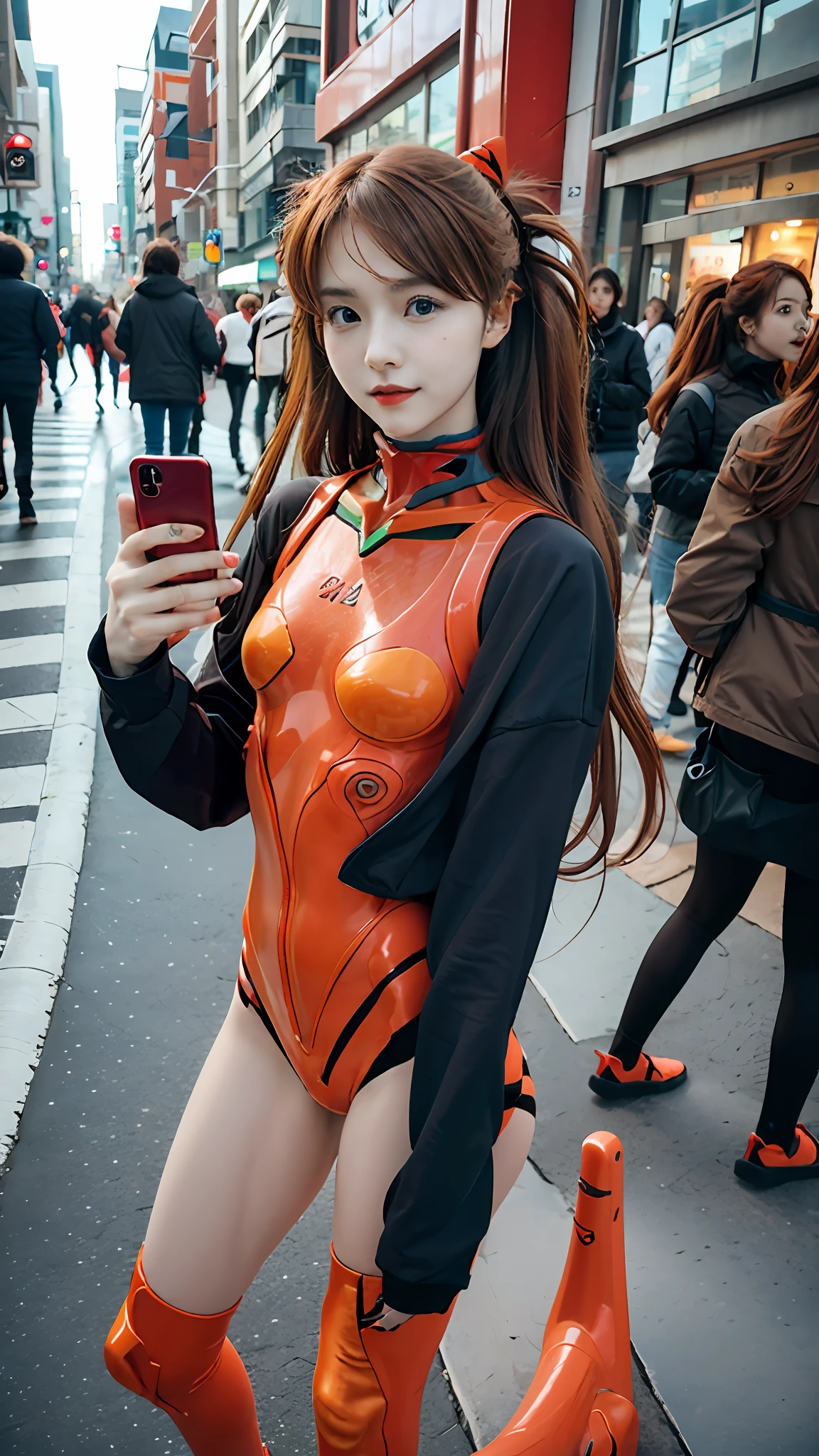 Asuka langley evangelion, a stunning woman, confidently using her phone on a vibrant city street in trendy attire.