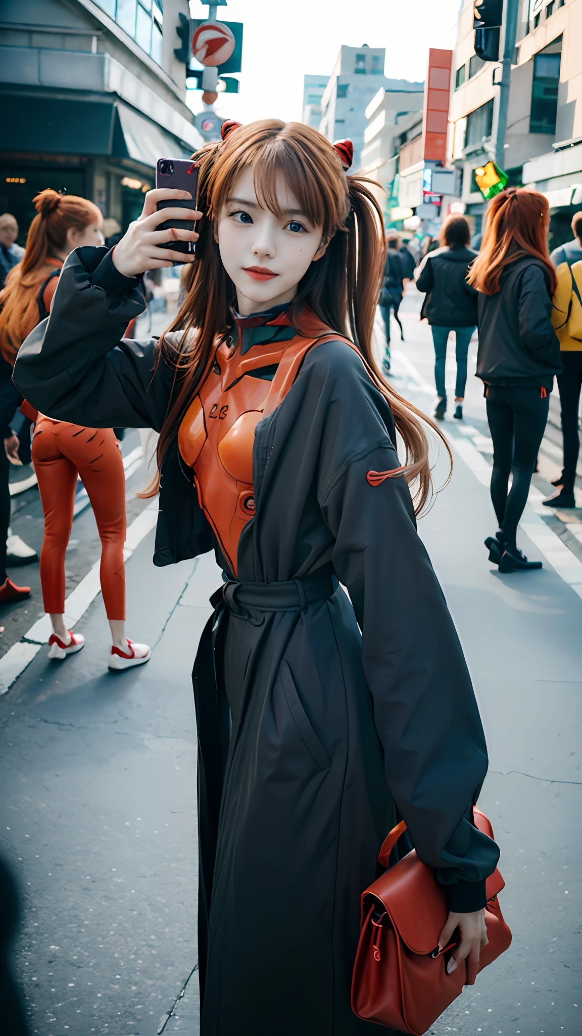 Asuka langley evangelion, a stunning woman, confidently using her phone on a vibrant city street in trendy attire.