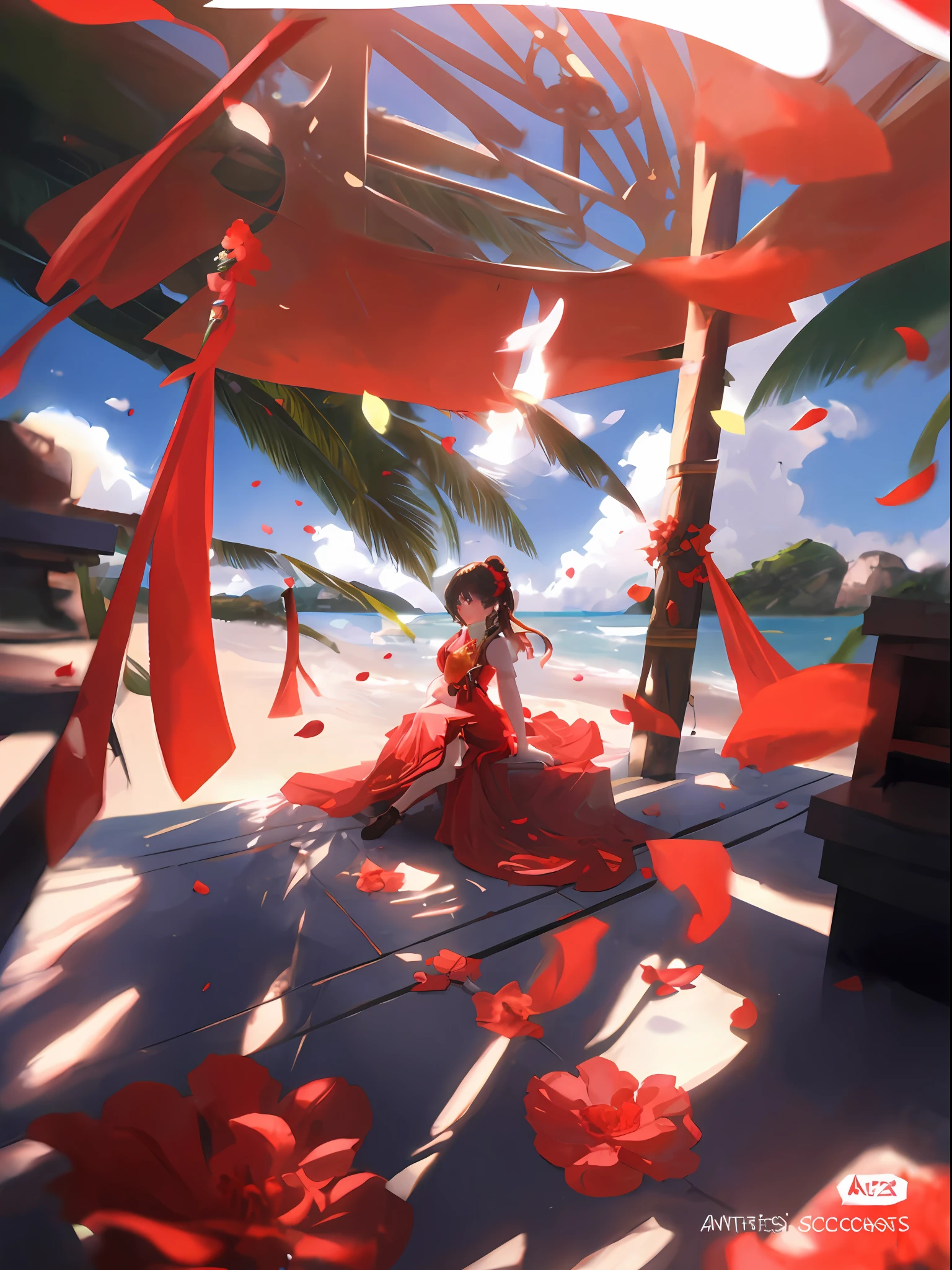 anime girl in red dress sitting on a beach with red petals, 🌺 cgssociety, artistic render of reimu hakurei, rossdraws global illumination, Artgerm and Atey Ghailan, guviz style artwork, Beautiful digital artwork, ross tran. scenery background, trending on cgstation, Deviantart ArtStation CGSCOSIETY, Guwiz