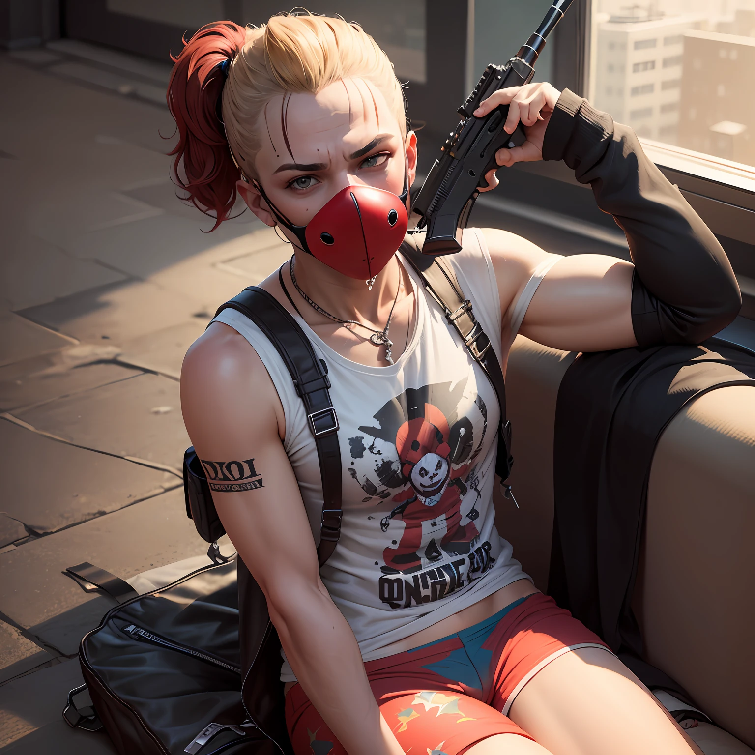 um assassino, 20 anos, tryhard, com tatuagem acima da sombrancelha direita escrito anarquia, Second a rifle with clown mask GTA V --auto