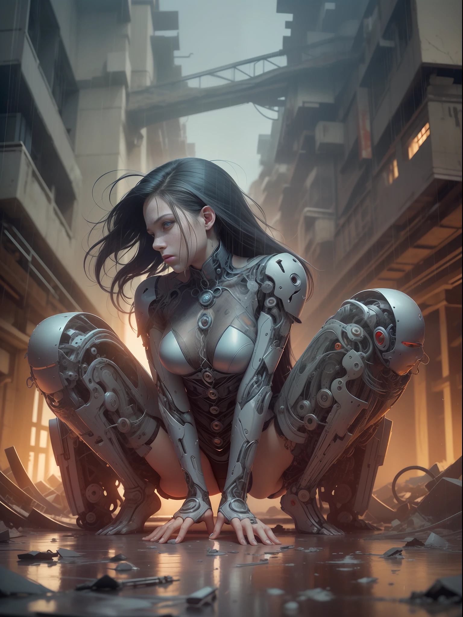 reelmech, Real Mechanical Parts, Amidst the pouring rain of a moonlit night in a desolate dump, a desperate robot woman, with broken and defective parts, contorts her body into a dynamic pose, while her eyes gaze deeply into her own reflection, resonating with both sorrow and determination, the hyper-detailed and ultra-sharp digital illustration capturing the intricate beauty of her construction, presented in awe-inspiring 8k resolution, where every mechanical detail and flaw is brought to life with ultrarealistic precision and sharp focus, her long flowing hair mirroring the intensity of her struggle, all set against the backdrop of a rain-soaked dump, symbolizing her entrapment in a world of desolation and decay.