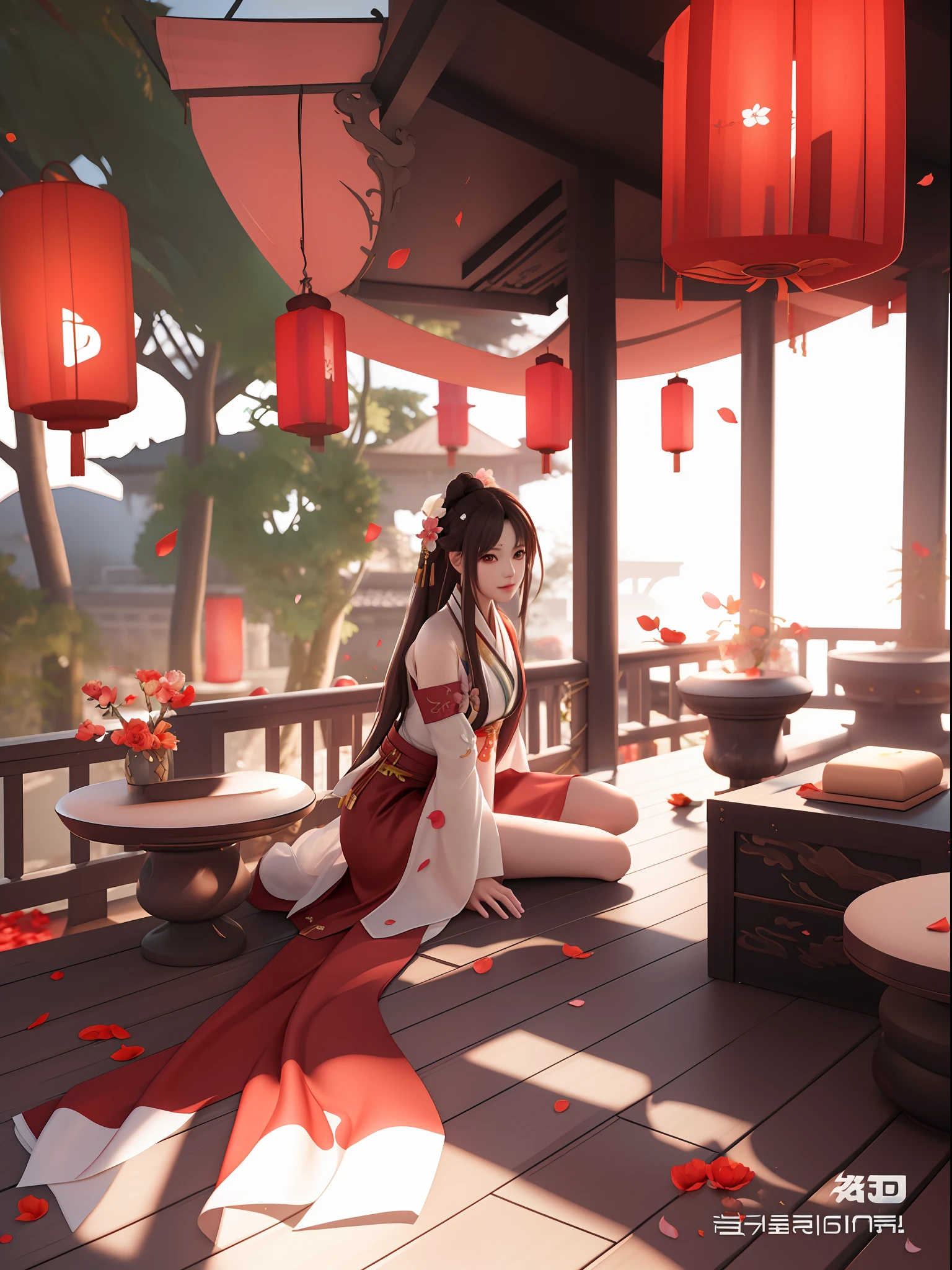 anime girl sitting on a deck with red lanterns and petals, trending on cgstation, royal palace , A girl in Hanfu, Beautiful digital artwork, rossdraws global illumination, rossdraws volumetric lighting, fantasy style 8 k octane render, 🌺 cgssociety, Beautiful rendering of the Tang Dynasty, Unreal Engine ; romantic themed, guviz style artwork