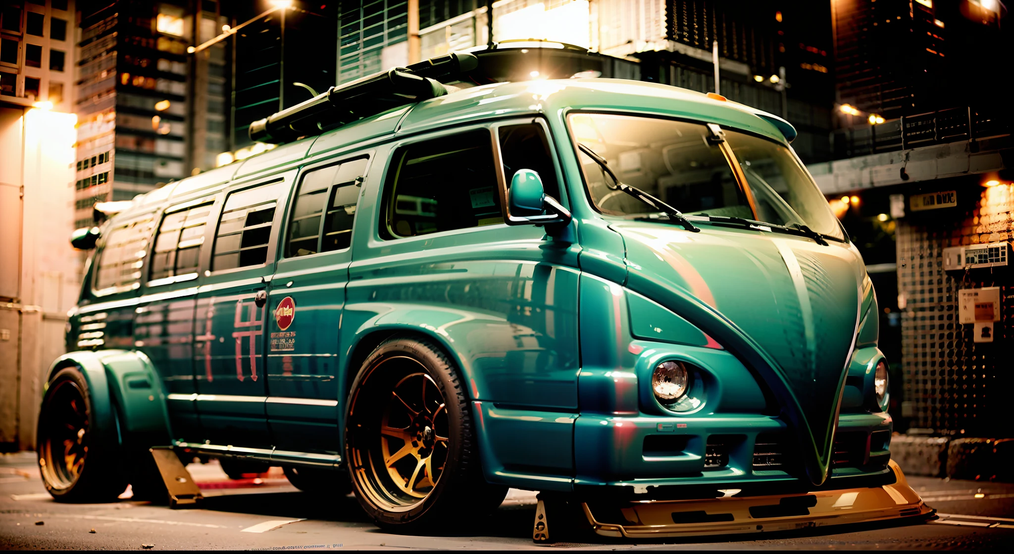 a close up of a green and black bus parked on a street, vw bus on a street, Corpo largo, microbus, Carrinha, vw microbus driving, trending on vehicle design, Restomod, Oh sim, estilo lowrider, 🕹️ 😎 🚬, com rack de teto, modificado, sombreamento perfeito, crisp smooth lines