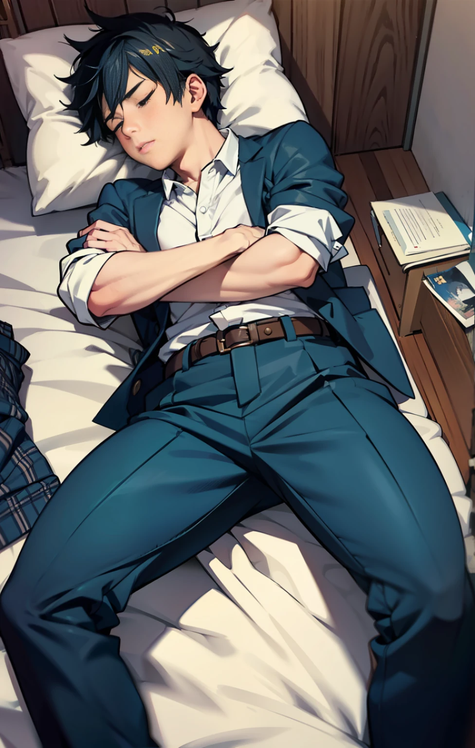 There is a male high school student wearing traditional school uniform men's trousers (Manga), too tired and more casual to sleep in bed,